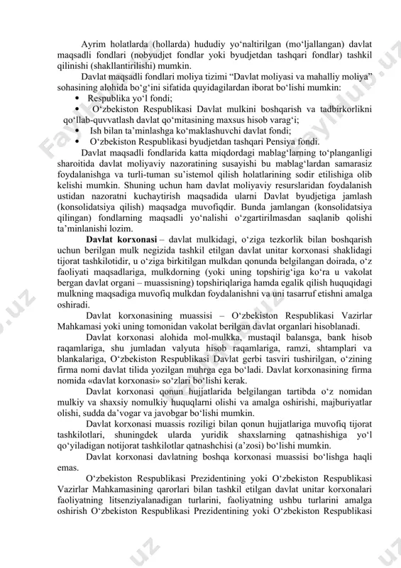 ida ko‘rib chiqish orqali byudjetli taqsimlashning harakteri, shakli va metodlari to‘g‘risida osonroq va aniqroq tasavvur hosil qilish mumkin. birinchi bosqichda yuridik va jismoniy shaxslarga tegishli pul mablag‘larining bir qismi davlatning qo‘lida to‘planishi, jamlash, olish sodir bo‘ladi. ana shu asosda mablag‘larni oluvchi sifatida davlat bilan mablag‘larni to‘lovchilar o‘rtasida moliyaviy (byudjet) munosabatlar vujudga keladi. bu munosabatlar, asosan, majburiylik (imperativlik) harakteriga egadir. bu bosqichdagi taqsimlash jarayonlarining harakterli xususiyati shundaki, byudjetga tushuvchi mablag‘lar ajratib olingan bo‘lib, ular qat’iy chegaralanmagan. ularning barchasi hozircha yagona maqsadga – umumdavlat ehtiyojlarini qondirishga yo‘naltirilgan. davlat pul fondining alohidaligiga aniq maqsadlarga mo‘ljallangan fondlarni kristallizatsiya qilish boshlanganda barham beriladi. 2-savol bayoni. moliya tizimi “davlat moliyasi va mahalliy moliya” sohasining alohida bo‘g‘ini sifatida davlat byudjeti o‘z ichiga quyidagilarni oladi: · respublika byudjeti; · qoraqalpog‘iston respublikasi byudjeti va mahalliy byudjetlar. o‘z navbatida, qoraqalpog‘iston respublikasi byudjeti qoraqalpog‘iston respublikasining respublika byudjetini hamda qoraqalpog‘iston respublikasiga bo‘ysunuvchi tumanlar va shaharlar byudjetlaridan tarkib topadi. viloyatning byudjeti esa viloyat …