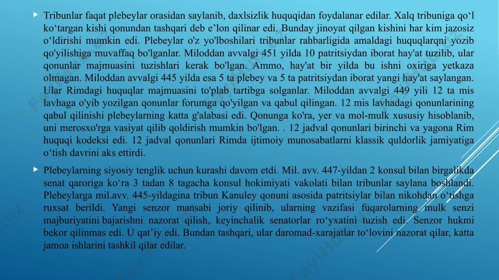 nobillar yirik yer-mulkka egalik qiladigan va davlatni boshqaruvchi oliy toifaga aylandi. nobillar hokimiyatining amaldagi tayanchi senat bo‘lib, u yerda patritsiy urug‘lari bilan bir qatorda litsiniy va liviy kabi boy plebey urug‘lari ham muhim rol o‘ynadi. nobillar senatorlar toifasining oliy guruhi bo‘lib, yirik va o‘rta quldor yer egalari, savdogar va moliyachilardan tashkil topgan suvoriylar toifasi bilan birga, hukmron qatlam tarkibini tashkil qildi. nobillar kam sonli ijtimoiy qatlam bo‘lishlariga qaramasdan, yuz yillar davomida davlat hokimiyatining oliy mansablarini faqat o‘zlari egallab turdilar. ular mamlakat miqyosida o‘z obro‘-e’tiborlarini kuchaytirish maqsadida italiya munitsipiy boy zodagonlari bilan yaqin aloqada bo‘ldilar. o‘zlariga xizmat qiladigan ko‘p sonli klientlarni saqlab turdilar. rim magistraturasiga faqat o‘z toifalariga yaqin bo‘lgan kishilarni qo‘ydilar. bir necha patritsiy oilalari yuz yillar davomida rimga senatorlar, konsullar, senzorlar va boshqa oliy mansabdorlarni yetkazib bergan. qolgan fuqarolar – kichik mulkdor, erkin dehqonlar, hunarmandlar va savdogarlardan tashkil topgan plebeyni tashkil etdi. imtiyozli toifalar va plebeyga qarama-qarshi, hech qanday …