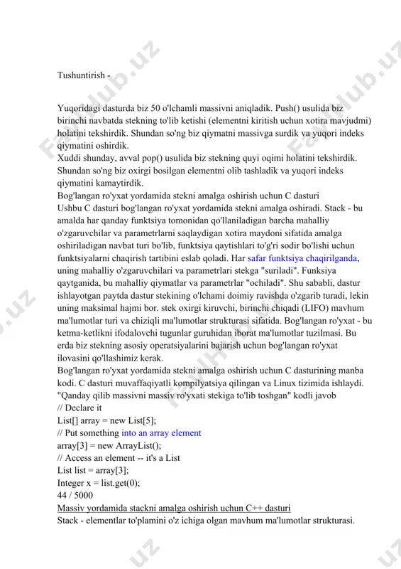 ida stekni amalga oshirish uchun c dasturining manba kodi. c dasturi muvaffaqiyatli kompilyatsiya qilingan va linux tizimida ishlaydi. "qanday qilib massivni massiv ro'yxati stekiga to'lib toshgan" kodli javob // declare it list[] array = new list[5]; // put something into an array element array[3] = new arraylist(); // access an element -- it's a list list list = array[3]; integer x = list.get(0); 44 / 5000 massiv yordamida stackni amalga oshirish uchun c++ dasturi stack - elementlar to'plamini o'z ichiga olgan mavhum ma'lumotlar strukturasi. stack lifo mexanizmini amalga oshiradi, ya'ni oxirida itarib yuborilgan element birinchi bo'lib chiqariladi. stekdagi ba'zi asosiy amallar - push - bu stekning yuqori qismiga ma'lumotlar qiymatini qo'shadi. pop - bu stek ustidagi ma'lumotlar qiymatini olib tashlaydi peek - bu stekning eng yuqori ma'lumotlar qiymatini qaytaradi massiv yordamida stekni amalga oshiradigan dastur quyidagicha berilgan. misol #include using namespace std; int stack[100], n=100, top=-1; void push(int val) { …