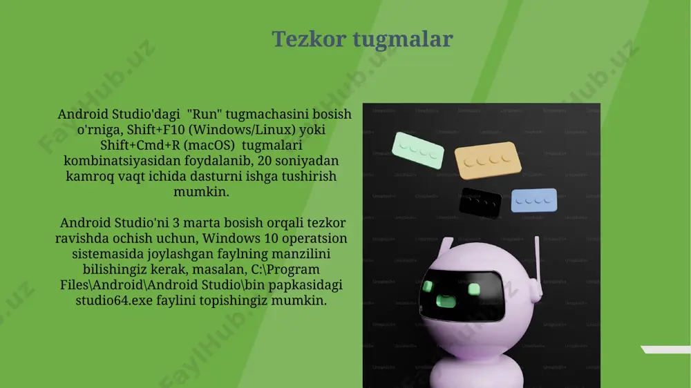 2-3 minut kechikish bo'lishi mumkin. muvaffaqiyatli tekshiruvdan so'ng, mavjud yangilanishlar ro'yxati ko'rsatiladi. birinchi dasturni ishga tushirish dastur kodini yozganingizdan so'ng, "run" tugmasini bosish orqali dasturingizni 10 sekund ichida emulyator yoki ulangan qurilmangizda, masalan, xiaomi redmi note 8 pro'da, ishga tushirishingiz mumkin. birinchi android dasturingizni ishga tushirish uchun sizga emulyator yoki 3-chi avlod va undan yuqori android qurilmasi kerak bo'ladi, masalan, samsung galaxy s7 yoki undan yuqori model. android sdk o'rnatish o'rnatish davomida 1 gb dan ortiq bo'sh joy talab etiladi, shuning uchun sizning kompyuteringizda yetarli joy bo'lishiga ishonch hosil qiling. to'liq o'rnatish vaqti internet tezligiga va kompyuter xususiyatlariga bog'liq holda 30 minutgacha yetishi mumkin. android sdk’ni o'rnatish jarayoni 20 dan ortiq komponentlarni, shu jumladan, platforma vositalarini, sdk vositalarini va 30 dan ortiq emulyator tasvirlarini o'z ichiga oladi. bu jarayon android studio-ning 2023 yilgi versiyalarida avtomatlashtirilgan. java jdk o'rnatish o'rnatish jarayonida jdk o'rnatish papkasini aniq ko'rsatish muhim, masalan, "c:\program files\java\jdk-17" kabi, …