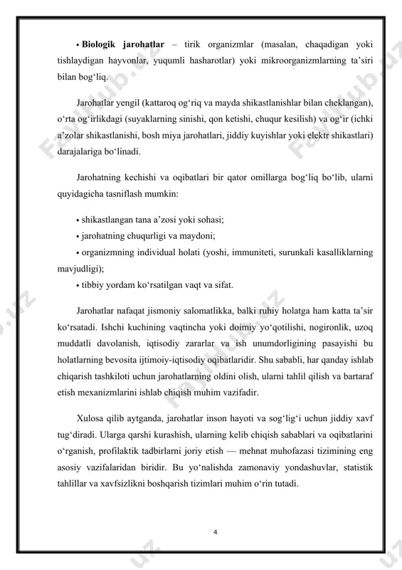 boblari bilan ishlashda yuz beradi. ular orasida: · qo‘l yoki barmoqlarning kesilishi, siqilishi; · suyaklarning sinishi; · mushak to‘qimalarining ezilishi; · tirnalish yoki chuqur kesilgan yaralar kabi hollarga duch kelinadi. ayrim hollarda og‘ir texnikaning noto‘g‘ri ishlatilishi yoki nosoz mexanizmlar natijasida xodim jiddiy shikastlanishi mumkin. bu holat ayniqsa metallga ishlov berish, qurilish, konchilik va transport sohalarida keng tarqalgan. 2. termik (issiqlik) jarohatlar ishlab chiqarishda yuqori harorat bilan ishlash natijasida kuyishlar yoki sovuqdan muzlash holatlari sodir bo‘lishi mumkin. kuyishlar: · olov; · bug‘; · qaynagan suyuqlik; · eritilgan metall; · issiq asboblar bilan bevosita kontakt natijasida yuzaga keladi. shuningdek, kriogen muhitda ishlaydigan xodimlar muzlash yoki sovuq urishi kabi termik jarohatlar olishlari mumkin. 3. elektr tokidan shikastlanish elektr tarmoqlari, qurilmalar bilan ishlaydigan xodimlar elektr toki urishiga uchrashi mumkin. bu holatlarda: · tananing turli qismlari kuyadi; · yurak va nafas olish tizimi izdan chiqadi; · hushdan ketish yoki hatto o‘lim holatlari ro‘y beradi. bunday …