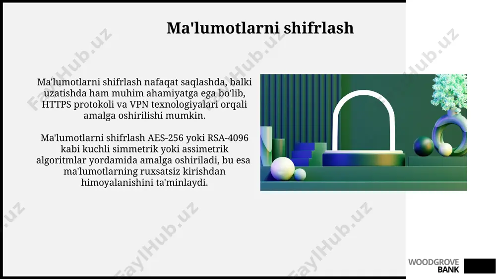 iq xavfsizlik voqealarini aniqlab, tahlil qilish imkonini beradi, bu esa tahdidlarni tezkor bartaraf etishga yordam beradi. woodgrove bank tarmoq xavfsizligi tarmoq xavfsizligini ta’minlashda 3 qatlamli himoya (network, host, application) strategiyasi samarali boʻlib, taxminan 90% zaifliklarni bartaraf etishga yordam beradi. tarmoqdagi ma’lumotlarni shifrlash (aes-256 kabi kuchli algoritmlar yordamida) ma’lumotlarning ruxsatsiz kirishlardan himoyalanishini ta’minlab, ma’lumotlar buzilish xavfini 99% gacha kamaytiradi. woodgrove bank jismoniy xavfsizlik muhim ma'lumotlarni saqlash uchun yong'inga chidamli xonalar yoki xavfsizlik xonalari foydalanilishi, ularning harorati va namligi nazorat ostida bo'lishi zarur. kompyuter va server xonalariga kirishni cheklash uchun karta-o'quvchi tizimlari va biometrik identifikatsiya texnologiyalari, masalan, barmoq izi skanerlari yordamida 3 darajali himoya tizimi o'rnatilishi tavsiya etiladi. woodgrove bank antivirus dasturlari va himoya devorlari antivirus dasturlari viruslarni aniqlash va zararsizlantirishda 99% ga yaqin samaradorlik ko'rsatishi mumkin, biroq zero-day tahdidlarga qarshi himoya cheklangan. antivirus va himoya devori birgalikda ishlatilganda, tizim xavfsizligini sezilarli darajada oshirib, kiberhujumlarga qarshi ko'p qatlamli himoya yaratadi, bu esa …