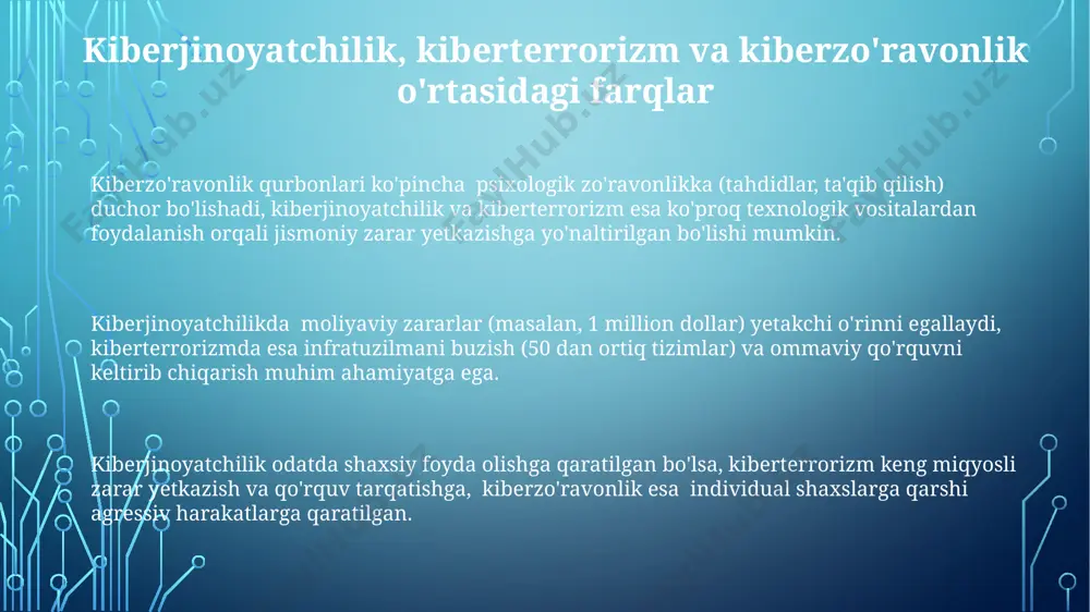 ariga katta miqdordagi, masalan, 1000 dan ortiq serverlarga hujum qilish orqali zarar yetkazish hisoblanadi. oldini olish va himoya choralari kiberzo'ravonlikdan jabrlanganlar 24/7 ishlaydigan ishonchli yordam xizmatlariga (telefon raqami, onlayn chat) murojaat etishlari mumkin. kiberjinoyatlardan himoyalanishning samarali usullaridan biri – murakkab parollardan (kamida 12 ta simvol) foydalanish va ularni muntazam ravishda o'zgartirib turishdir. kiberterrorizm hujumlaridan saqlanish uchun tarmoq infrastrukturasining 3 qavatli himoya tizimini (faervoll, intruziyaga qarshi detektsiya tizimlari, kiberxavfsizlik auditi) joriy etish muhimdir. kiberterrorizm tushunchasining mohiyati kiberterrorizm, davlat infratuzilmalariga, masalan, elektr tarmoqlariga yoki moliyaviy tizimlarga, keng miqyosli zarar yetkazish maqsadida amalga oshiriladigan 2 yoki undan ortiq kompyuter jinoyatlarining uyg'unlashgan hujumidir. kiberterrorizmga qarshi kurashda axborot xavfsizligi texnologiyalari, masalan, xavfsizlik devorlari va kiberxavfsizlik tizimlari, 5-darajali tahdidlarni aniqlash va bartaraf etishda muhim rol o'ynaydi. kiberterroristlarning asosiy maqsadi – ommaviy qo'rquv va tartibsizliklarni keltirib chiqarish, shuningdek, ijtimoiy va iqtisodiy tartibsizliklarni qo'zg'atish orqali 100.000 dan ortiq odamga ta'sir o'tkazishdir. kiberjinoyatchilik tushunchasining mohiyati kiberjinoyatchilik, o'g'irlik, firibgarlik, shantajdagi …