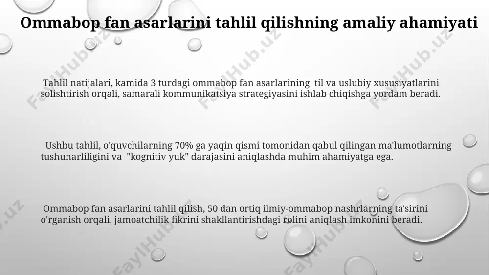 "ommabop ilm-fan asarlarini tahlil qilishga kirish" kitoblarida o'quvchilarning 30% dan ortig'i murakkab terminlarni tushunishda qiyinchiliklarga duch kelishlari kuzatilgan. tahlil natijalari shuni ko'rsatadiki, 5 ta mashhur ilm-fan asarining 70% da soddalashtirilgan til va ko'rgazmali materiallarning yetishmasligi mavjud. matn tahlilining natijalari va xulosalar matn tahlilining natijalari shuni ko'rsatdiki, 70% dan ortiq ilmiy-ommabop asarlarda soddalashtirilgan tushunchalar va 20% ga yaqinida esa murakkab terminlar ishlatilgan. tahlil natijalariga ko'ra, o'rtacha 500 so'zdan iborat matnlarda 15 ga yaqin metafora va boshqa badiiy vositalar qo'llanilganligi aniqlangan. xulosalar shuni tasdiqlaydiki, matnlarning 30% qismi murakkab ilmiy tushunchalarni sodda va tushunarli tarzda ifodalashda muvaffaqiyatsizlikka uchragan. e'tiboringiz uchun rahmat @taqdimot_robot image1.png image2.png image3.png