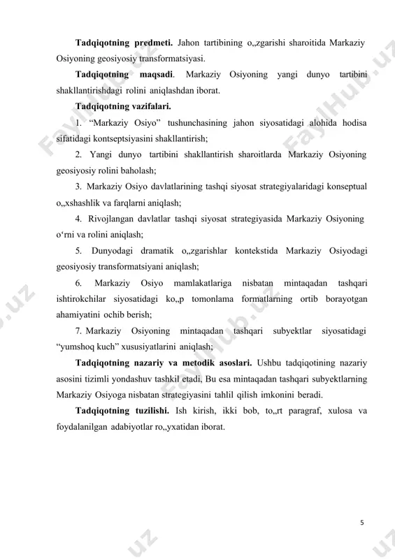 chilari yevroosiyodagi qulay vaziyatdan foydalanib, oʻz standartlari boʻyicha hech qanday geosiyosiy kuch boʻlmagan holda, yevroosiyo makonini jadallik bilan qayta shakllantira boshladilar, geosiyosiy ta‟sir doiralarini kengaytirish maqsadida davlatlarning ishlariga aralashdilar.. bir qutbli dunyo asoslarining jadal mustahkamlanishi natoning bolqondagi operatsiyasi bilan boshlandi. bu yerda liberal-demokratik blok mamlakatlari mintaqaning siyosiy manzarasini o„z manfaatlari va qadriyatlariga mos ravishda o„zgartirdi. ikkinchi jahon urushi tugaganidan keyin paydo bo„lgan normativ tizim sifatida xalqaro munosabatlar subyektlari o„rtasidagi munosabatlarni tartibga solish va saqlash uchun mo„ljallangan xalqaro huquq juda mo„rt edi. o„shanda ham natoning asl mohiyati nafaqat geosiyosiy, balki iqtisodiy muammolarni hal qilishda qo„llaniladigan amerika tashqi siyosatining eng muhim vositasi sifatida namoyon bo„la boshladi10. rossiya uchun bu operatsiya natijasi umidsizlikka uchradi: uning bolqondagi siyosiy va energetik 7 fukuyama f. tarixning oxiri? // falsafa savollari. 1990 yil. 3-son 8 bjezinskiy z. sovuq urush va uning oqibatlari // tashqi ishlar. 1992. jild. 71. № 4 9 kissinger g. diplomatiya. m., 1997. b. …