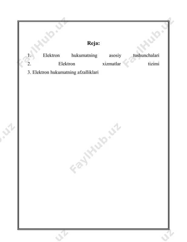hini jadallashtiradi. masalan, 2023 yilda o'zbekistonda internet foydalanuvchilarning soni 23 milliondan oshdi, bu esa aholining qariyb 70% ini tashkil etdi. bu ko'rsatkichlar elektron hukumatdan keng foydalanish imkoniyatlarini yanada osonlashtiradi. ikkinchidan, elektron hukumatning muhim elementi davlat organlari va ularning o'rtasidagi o'zaro aloqani raqamlashtirishdir. bu esa davlat xizmatlarini realizatsiyasi va monitoringi jarayonlarini soddalashtiradi va insonga yo'naltirilganlikni oshiradi. shu maqsadda, idix (identifikatsiya va dimensional regisdratsiya xaritasi) kabi innovatsion texnologiyalar tatbiq etilmoqda. elektron hukumat xizmatlarini o'z ichiga olishi mumkin bo'lgan sohalar quyidagilardan iborat: ta'lim, sog'liqni saqlash, soliq to'lovlari, pasport va hujjatlar rasmiylashtiruvi, jamoat xavfsizligi va boshqalar. masalan, elektron sog'liqni saqlash xizmatlari aholiga tibbiy ma’lumotlarni zudlik bilan olish imkoniyatini beradi, shu jumladan onlayn tarzda shifokorlar bilan muloqot qilish va maslahatlardan foydalanish. elektron hukumatning muhim komponentlaridan biri ochiq ma'lumotlar platformalarini tashkil etishdir. davlat ma'lumotlarini keng ommaga ochib berish orqali fuqarolar davlat faoliyati haqida to'liqroq ma'lumotga ega bo'lishlari mumkin. bu jarayon jamoatchilikni davlat boshqaruvida ishtirok etishga va …