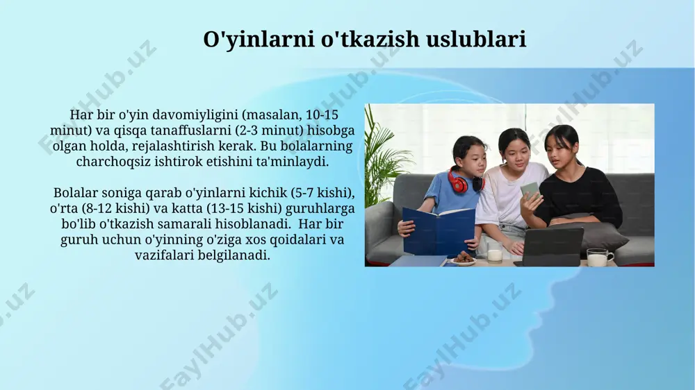 tayyorlashda xavfsizlikni ta'minlash juda muhim: o'yin maydonchasi xavfsiz, jihozlar mustahkam va bolalar soni o'yin maydonchasiga mos bo'lishi kerak. samaradorlikni oshirish yo'llari har bir o'yinning maqsadini aniq belgilash va o'yin davomida bolalarning faoliyatini kuzatish, samaradorlikni 15% ga oshirishga yordam beradi. o'yinlarni bolalarning yosh xususiyatlariga moslashtirish va ularning qiziqishlarini hisobga olish, shuningdek, turli didaktik materiallardan foydalanish samaradorlikni 10-15% ga oshirishi mumkin. o'yinlarni tanlash mezonlari o'yinlar bolalar yosh xususiyatlariga (5-7 yosh va 8-10 yosh) mos kelishi, jismoniy va aqliy rivojlanishiga ijobiy ta’sir ko'rsatishi kerak. o'yin davomiyligi 10-15 minutdan oshmasligi maqsadga muvofiq. o'yinlar oddiy qoidalarga ega bo'lishi, tushunarli va bajarilishi oson bo'lishi kerak. o'yinlarning ta’limiy ahamiyatiga e’tibor qaratish, 2-3 ta asosiy o'quv maqsadlarini qo'yish lozim. e'tiboringiz uchun rahmat @taqdimot_robot image2.jpg image3.jpg image4.jpg image5.jpg image6.jpg image7.jpg image8.jpg image9.jpg image10.jpg image11.jpg image12.jpg image13.jpg image14.jpg image15.jpg image16.jpg image17.jpg image18.jpg image1.png