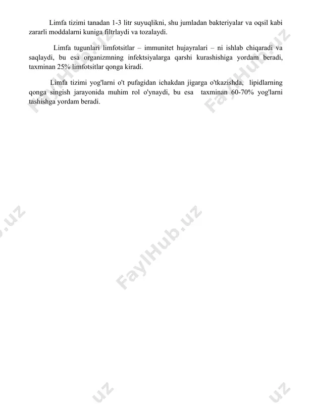 xminan 25% limfotsitlar qonga kiradi. limfa tizimi yog'larni o't pufagidan ichakdan jigarga o'tkazishda, lipidlarning qonga singish jarayonida muhim rol o'ynaydi, bu esa taxminan 60-70% yog'larni tashishga yordam beradi. 📌xulosa лимфатик тизимнинг тузилиши, функцияси, таркиби ва аҳамияти унинг иммунитетни таъминлашдаги муҳим ролини, суюқлик мувозанатини сақлашдаги ва токсинларни чиқариб ташлашдаги катта аҳамиятини кўрсатади. у организмнинг соғломлигини сақлашда беқиёсдир. 📚foydalanilgan adabiyotlar 1. kumar, v., abbas, a. k., aster, j. c. (2021). robbins and cotran pathologic basis of disease. elsevier. 2. guyton, a. c., hall, j. e. (2016). textbook of medical physiology. elsevier saunders. 3. tortora, g. j