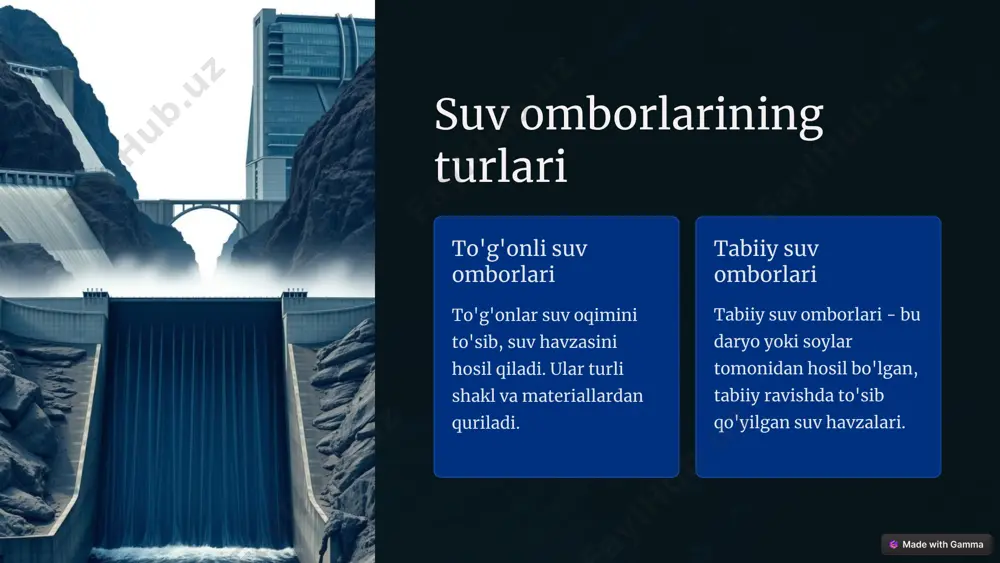 , suv omborlarining to'lishi va xizmat ko'rsatish qobiliyati pasayishi. toshqinlar toshqin xavfi ortishi, suv omborlarining shikastlanishi va toshqinlardan himoya qilish tizimlarining ishlamay qolishi. suv temperaturasining o'zgarishi suv sifatining pasayishi, suv hayotining o'zgarishi va suv omborlarining ekotizimiga ta'siri. 6 suv omborlarining kelajagi suv resurslarini boshqarish suv omborlarini boshqarishda suv resurslarini samarali ishlatish muhim ahamiyatga ega. ekologik barqarorlik suv omborlarini ekologik barqarorlikni ta'minlaydigan tarzda loyihalash va boshqarish muhimdir. texnologiyalarni qo'llash suv omborlarini boshqarishda zamonaviy texnologiyalar va innovatsiyalardan foydalanish kerak. 7 suv omborlari haqida qo'shimcha ma'lumotlar dunyo bo'ylab minglab suv omborlari mavjud. eng yirik suv omborlari xitoy, braziliya, rossiya va qo'shma shtatlarda joylashgan. suv omborlari o'ziga xos xususiyatlarga ega bo'lib, ularning hajmiga, to'g'onning turiga va boshqa omillarga qarab farq qiladi. 8 image1.png image2.png image3.png image4.png image5.png image6.png image7.png image8.png image9.png image10.png image11.png image12.png image13.png image14.png image15.png
