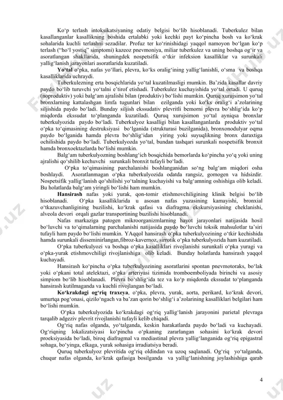 °s atrofida saqlanadi va ertalabki va kechki temperatura o‘rtasida taxminan bir gradus farqlanadi. vegetativ buzilishlardagi tana haroratini ko‘tarilish hollaridan farqli ravishda,tuberkulezda subfebril haroratning pasayishi amidopirin tavsiya etilganda kuzatiladi (amidopirin sinamasi). gidrazin-izonikotin kislotasi preparatlari fonida ham harorat pasayishi kuzatiladi. kun davomida kichik darajadagi o‘zgarishlar bilan kuzatiladigan monoton subfebrilitet tuberkulez uchun xarakterli emas va ko‘proq burun-halqumning, burun bushlig‘i ortiqlari, o‘t yo‘llari va jinsiy organlarning surunkali nospetsifik yallig‘lanish kasalliklarida kuzatiladi. tana haroratining subfebril darajagacha ko‘tarilishi, shuningdek, endokrin buzilishlar, revmatizm, sarkoidoz, limfagranulematoz, buyrak raki kabi kasalliklar bilan bog‘liq bo‘lishi mumkin. gektik tipdagi yuqori harorat aynan o‘tkir kechuvchi sil va tuberkulez og‘ir shikastlanishlari uchun xos (miliar tuberkulez, kazeoz pnevmoniya, plevra empiemasi). intermitterlovchi gektik harorat miliar silning tifoid formasini qorin tifidan farqlashga imkon beruvchi diagnostik belgilardan biri bo‘lib hisoblanadi. tuberkulezdan farqli ravishda qorin tifida tana haroratining ko‘tarilishi mustahkam tendensiyaga ega va uzoq vaqt davomida balandligini saqlab qoladi. o‘pka tuberkulezi bilan kasallanganlarda kam hollarda teskari tipdagi isitma, …