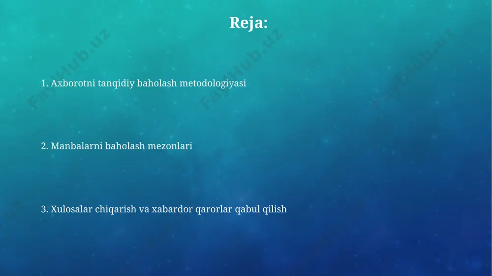 testini (currency, relevance, authority, accuracy, purpose) o'rgating. manbaning kamida 4 ta asosiy jihatini baholash kerak. tanqidiy fikrlashni rivojlantirish amaliy mashqlar va misollar amaliy mashqlar va misollar amaliy misol: "chatgpt" kabi ai tomonidan yaratilgan 5 ta matnni tanqidiy tahlil qiling. ularning faktik aniqligini, biasni (xolislik) va 2 ta asosiy argumentni aniqlang. madaniy omillarni hisobga olish madaniy sezgirlik 2-muhim element: ma'lumotdagi 5 ta asosiy madaniy stereotip va 4 ta kamsitish shakllarini aniqlash, shuningdek 10 foizdan ortiq hollarda noaniqliklar mavjudligini anglash zarur. madaniy omillarni hisobga olish statistik ma'lumotlarni tahlil qilish statistik ma'lumotlarni tahlil qilishda 95% ishonch intervali muhim, chunki u o'rganilayotgan parametrning haqiqiy qiymati qamrab olinish ehtimolini ko'rsatadi. p-qiymati < 0.05 bo'lsa, natija statistik ahamiyatga ega bo'lishi mumkin. statistik ma'lumotlarni tahlil qilish kommunikatsiya va baham ko'rish ijtimoiy tarmoqlarda o'rtacha foydalanuvchi kuniga kamida 2 soat 25 daqiqa vaqt sarflaydi. bu vaqt mobaynida ular turli xil axborot manbalari bilan to'qnash keladilar. axborotni baham ko'rishda, 90 …