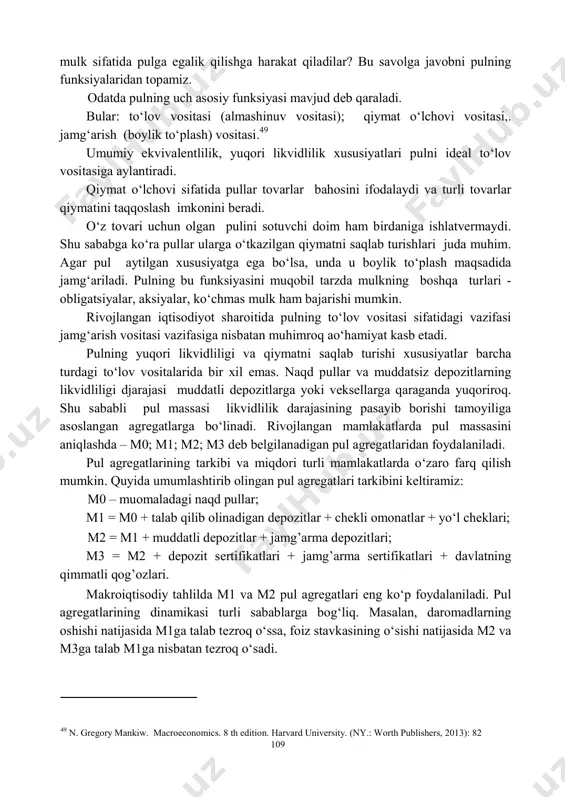 xansen modeli. keynscha pul siyosatining mohiyati. likvidlilik tuzog‘i. likvidlilik tuzog‘i sharoitida pul siyosatining samarasizligi. pul bozorida uzoq muddatli muvozanat. 9.1. pul tushunchasi va uning funksiyalari. pul agregatlari. pul – iqtisodiyot sub’ektlari mulkining bir turi bo‘lib, mulkning boshqa turlaridan ikki xususiyatiga ko‘ra farq qilad: birinchidan, pul yuqori likvidliliklar, ya’ni qisqa muddatda, sezilarsiz sarf - xarajatlar bilan boshqa buyumga ayirboshlanish qobiliyatiga ega; ikkinchidan baholar o‘zgarmas bo‘lgan sharoitda pul yoki hech qanday daromad keltirmaydi, yoki uning daromadliligi darajasi boshqa mulk turlarinikidan ancha kam. shunga qaramasdan kishilar nima uchun 109 mulk sifatida pulga egalik qilishga harakat qiladilar? bu savolga javobni pulning funksiyalaridan topamiz. odatda pulning uch asosiy funksiyasi mavjud deb qaraladi. bular: to‘lov vositasi (almashinuv vositasi); qiymat o‘lchovi vositasi,. jamg‘arish (boylik to‘plash) vositasi.49 umumiy ekvivalentlilik, yuqori likvidlilik xususiyatlari pulni ideal to‘lov vositasiga aylantiradi. qiymat o‘lchovi sifatida pullar tovarlar bahosini ifodalaydi va turli tovarlar qiymatini taqqoslash imkonini beradi. o‘z tovari uchun olgan pulini sotuvchi doim …