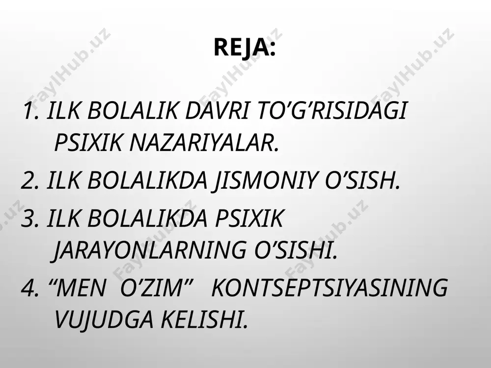 ganligi uchun yuqumli kasalliklarga tez beriluvchan bo’ladi. ilk bolalikda jismoniy o’sish. ilk bolalik davrida harakatlarning shakllanishi orientirovka faoliyati xususiyati o’zgarishi bilan uzviy bog’liqdir. bola u yoki bu harkatni amalga oshirish uchun avval predmet bilan tanishadi: unga ko’z yugurtiradi , qo’liga oladi va hokazo. bolaning predmetlarning shakli, rangi, vazni bilan tanishtirshda kattalar amalga oshrish mo’ljallangan harakatning mohiyatini tushuntiradilar va harakatni qay yo’sinda bajarishni o’rgatadilar: bolani “olib kel”, “joyiga qo’y”, “rasm chiz”, “ushlab tur” kabi so’z birikmalaridan iborat topshiriqning mohiyati bilan tanishtirib, keyin unga harakatni bajarish yo’llari (“qalamni mana bunday ushla”, “avval qo’lingga ol”, “oldin o’ng qo’ling bilan tut”, “qoshiqni bunday ushlab og’zinga olib bor” deb) ko’rsatiladi. shuning uchun ham bolada predmetli harakatni o’stirish murakkab jarayondir. ilk bolalik amaliy harakat tafakkuri vujudga keladigan davr hisoblanib, qo’l qo’l operatsiyalari turli narsalar va qurilmalar bilan almashinadi. bola ijtimoiy qurollardan foydalanish usullarini o’zlashtirish natijasida unda predmetli harakat ko’nikmasi shakllanadi. jismlar bilan turli harakatlarni o’zlashtirishda ulardagi …