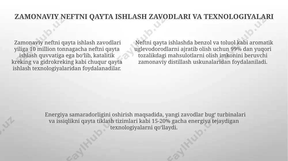 enzin va dizel yoqilg‘isini ishlab chiqarish hajmini 15% ga ko‘paytirdi. gidrotreating va izomerizatsiya kabi yangi texnologiyalarni joriy etish tufayli, oltingugurt miqdori 10 ppm dan kam bo‘lgan ekologik toza avtomobil yoqilg‘ilarini ishlab chiqarish imkoniyati yaratildi. kelajakdagi rivojlanish strategiyasi va istiqbollari davlat-xususiy sherikchilik asosida quriladigan 5 ta yangi neftni qayta ishlash majmualarini ishga tushirish orqali, 2040 yilga kelib eksport hajmini ikki barobar oshirish ko'zda tutilgan. yangi avlod ekologik toza texnologiyalarni joriy etish orqali, karbon emissiyasini 20% ga kamaytirish va atrof muhitga ta'sirni minimallashtirish maqsad qilingan. kelajakdagi neftni qayta ishlash zavodlarining quvvatini 2030-yilga borib 150 million tonnagacha oshirish, shuningdek, chuqur qayta ishlash koeffitsiyentini 85% gacha yetkazish rejalashtirilgan. sanoatning iqtisodiy samaradorligi va kelajagi kelgusi 5 yilda neftni qayta ishlash zavodlarining ishlab chiqarish quvvatini 30% ga oshirish rejalashtirilgan bo'lib, bu eksport hajmining oshishiga va valyuta tushimiga ijobiy ta'sir ko'rsatadi. neftni qayta ishlash sanoatining rentabelligi 20% dan oshib, yalpi ichki mahsulotga 5% hissa qo'shishi prognoz qilinmoqda, …