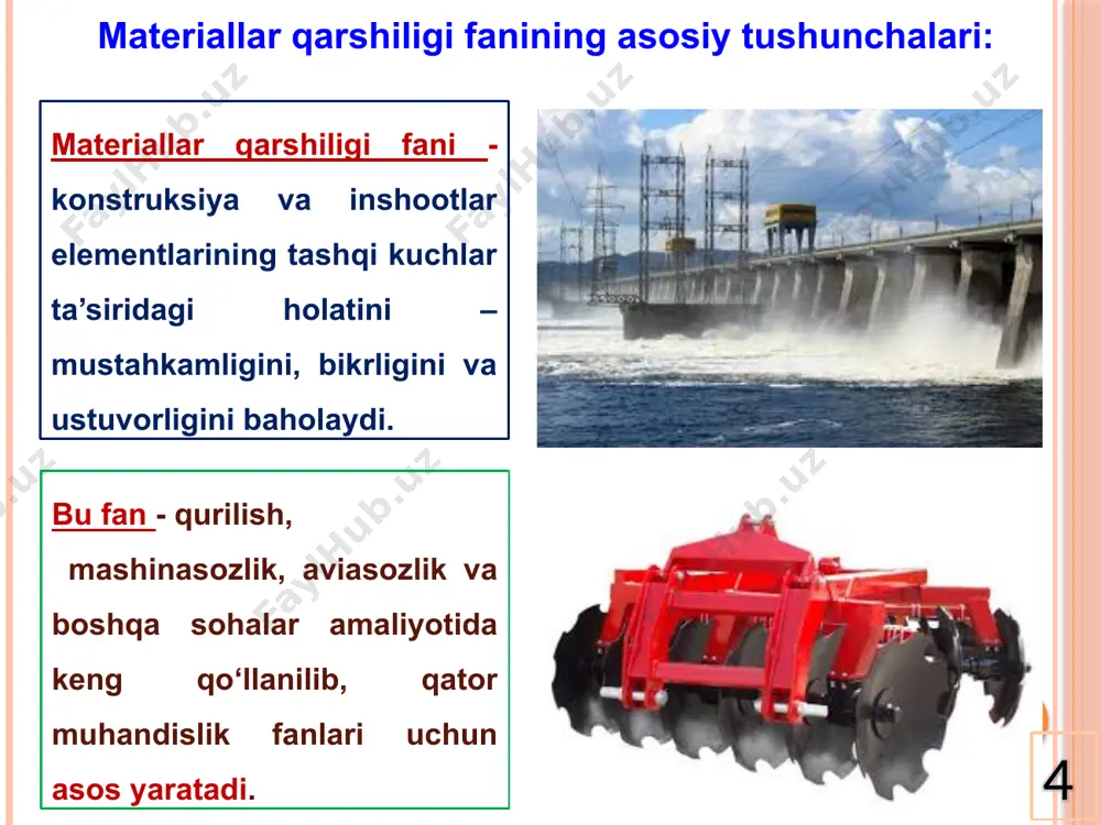 a ularning ko‘chishini cheklovchi qurilmalar tayanchlar deb ataladi. hisob sxemani tuzish materiallar qarshiligining ixtiyoriy masalasini yechish, hisob sxemasini tanlashdan boshlanadi, ya’ni shunday soddalashgan sxema tanlanadiki, unda bir tomondan konstruksiyaning asosiy xususiyatlari e’tiborga olinadi, ikkinchi tomondan yakuniy natijaga sezilarli ta’sir etmaydigan ikkilamchi omillar tashlab yuboriladi. 18 inshootlarga ta’sir etuvchi tashqi kuchlar sirtqi va hajmiy kuchlarga bo’linadi. inshoot sirtining bir qismiga yoki hammasiga ta’sir qilayotgan kuchlar sirtqi kuchlar deb ataladi. inshootning barcha ichki nuqtalariga ta’sir qiluvchi kuchlar hajmiy kuchlar deb ataladi. konstruksiya elementlariga ta’sir etuvchi tashqi kuchlar 18 19 kuchlar qo’yilishiga ko’ra to’plangan va taralgan (yoyilgan) bo’ladi. inshootning o’z o’lchamlariga nisbatan uning juda kichik sirtiga ta’sir qiluvchi kuchlar t o’ p l a n g a n kuchlar deyiladi. t o’ p l a n g a n y u k l a r - n, kgk (nyuton, kilogrammkuch) o’lchov birliklarida o’lchanadi. konstruksiya elementlariga ta’sir etuvchi tashqi kuchlar 19 inshoot sirtidagi yuzaning …