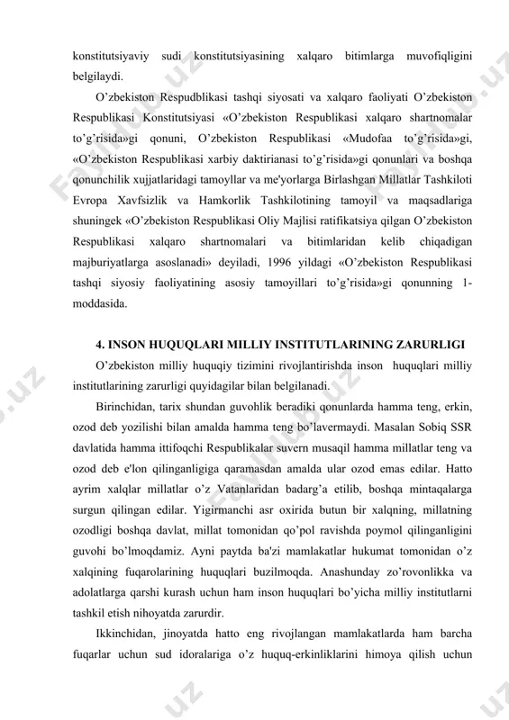 millatning ozodligi boshqa davlat, millat tomonidan qo’pol ravishda poymol qilinganligini guvohi bo’lmoqdamiz. ayni paytda ba'zi mamlakatlar hukumat tomonidan o’z xalqining fuqarolarining huquqlari buzilmoqda. anashunday zo’rovonlikka va adolatlarga qarshi kurash uchun ham inson huquqlari bo’yicha milliy institutlarni tashkil etish nihoyatda zarurdir. ikkinchidan, jinoyatda hatto eng rivojlangan mamlakatlarda ham barcha fuqarlar uchun sud idoralariga o’z huquq-erkinliklarini himoya qilish uchun murojaat qilishdagi imkoniyatlar bir xil emas. mavjud sansalorliklar, buyruqbozlik va moddiy to’siqlar ayrim shaxslarni sudga davlat idoralariga murojaat etishlariga to’sqinliq qildi. inson huquqlari bo’yicha miliy institutlari esa odamlarga yaqinroq bo’lganligi sababli ularning buzilgan huquqlarini minnatsiz sansalorlikka solmasdan o’z vaqtida tiklash uchun bеg’araz yordam ko’rsatadi. uchinchidan, inson huquqlari bo’yicha milliy institutlar vakolatlari hamda imkoniyatlarining kеngligi, unda ishtirok etayotgan kishilarning tanilgan mutaxassis, huquqshunos, siyosatshunos ekanligi inson huquqlarini milliy qonunlar majmuasi bilan birga xalqaro huquq sohasidagi qoidalar, dеkloratsiyalar, konvеntsiyalarga asosan himoyalash imkonini bеradi. to’rtinchidan, milliy institutlar, ilmiy tadqiqot ishlarii olib borib u yoki bu davlatda inson …