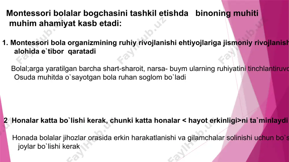 yiladigan kiyimlar bo`lishi; bunday muhitda boladagi faollik buyruq bilan emas, charchoqsiz bajariladigan mashgulotlar bilan takomillashtiriladi montessori bogchasining ikkinchi tajribasi didaktik materiallardir. bu materiallar bir necha qismga b`olinadi his tuygylarni tarbiyalashga mo`ljallangan yozish va o`qishni o`rgatuvchi hisobni o`rgatuvchi tarbiyachi vaqti-vaqti bilan bolalarga “ tartib”, “ jimlik” va “hushmuomalalik” darslarini tashkil etadi unga ko`ra, bolaga honaga kirib chiqishda eshikni qarsillatib yopmaslik, o`rniga asta o`tirish, narsalarni bir-birlariga muloyimlik bilan uzatishga odatlantirib boriladi ba`zida tarbiyachi bolalarni birma-bir yoniga chaqirib, qulogiga ular bajarishi kerak bo`lgan vazifalarni aytadi. m: “ doska oldidagi stulga o`tir”, “ menga qalamni olib kel”. e’tiboringiz uchun rahmat image1.png image2.png image3.jpeg image4.png image5.jpeg image6.jpeg image7.png image8.jpeg image9.jpeg image10.png image11.png image12.png /docprops/thumbnail.wmf mariya montessori bolalar bogchasini tashkil etish reja 1 montessori bolalar bogchasida rivojlantiruvchi muhitni tashkil etish ( zonalar) 2 montessori bolalar bogchasida mashgulotlarni tashkil etish 3 tinchlik, jimlik hurmat darslari