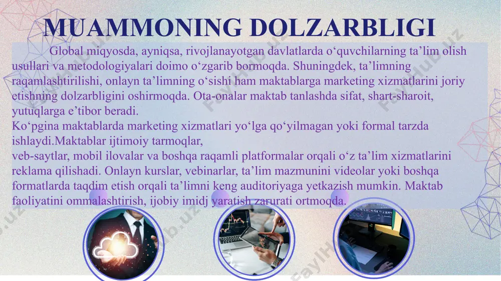 , mijozlar bilan aloqalar, raqobatbardoshlikni oshirish va boshqa muhim mavzular yoritilgan. o‘zbekistonda xorijda taklif o‘zbekistonda har bir fan o’qituvchisi o’z fanidan bilimlarni mustahkamlash uchun to‘garak mashg‘ulotlari o‘tishlari tashkil etilgan. yaponiya maktablari o‘z ta’lim xizmatlarini nafaqat sifatli, balki innovatsion yondashuvlar bilan taqdim etadi. masalan, ilm-fan va texnologiyalar bo‘yicha alohida kurslar va dasturlarni reklama qilish orqali maktablar marketing xizmatlarini samarali tashkil etadi. maktab imkoniyatidan to‘liq foydalanib qo‘shimchasiga o‘quv kurslar bilan hamkorlikda ilm-fan va texnologiyalar bo‘yicha alohida kurslar tashkil etish va ularni reklama qilish orqali maktablar marketing xizmatlarini samarali tashkil etish. o‘zbekistonda ikki til va bitta kasb egallash bo’yicha davlat tomonidan bitiruvchilarga talab belgilangan. germaniya ta’lim tizimi bilan ishbilarmonlik aloqalarini o‘rnatish va talabalar uchun professional ta’lim imkoniyatlarini yaratish orqali ta’lim tizimini samarali ravishda rivojlantirmoqda. kasbga o‘rgatish uchun yirik, kichik va o‘rta bizes vakillariga maktablarni biriktirish, maktablarda o’zlarinig kichik tsexlarini ochish va shu orqali “dual ta’lim”ni joriy qilishni targ‘ib qilish. o‘zbekistonda har chorak yakunlarida …