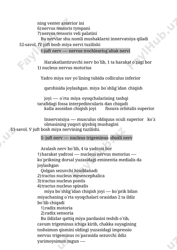 tiq miya pardasini innervatsiya qiladi. tarmoqlari 2 xil 2) sezuvchi tarmoqlar 2)harakatlantiruvchi tarmoqlar sezuvchi tarmoqlar: 1.ramus lingualis --- tilning oldingi 2/3 qismini shilliq pardasini innervatsiya qiladi 2.ramus buccalis --- lunj shilliq pardasini 3.nervus alveolaris inferior tarmoqlari: d) nervus alveolaris anterior e) nervus alveolaris media f) nervus alveolaris posterior nervus alveolaris inferior ning bu 3 ta shoxi plexus dentalis inferior ni hosil qiladi. plexus dentalis inferior dan 2 ta shox chiqadi. a) ramus dentalis inferior pastki jag` tishlarini b) ramus gingvialis inferior pastki tishlar milklarini harakat tarmoqlari: 8) nervus masseterica 9) nervus temporalis profunda 10) nervus pterygoideus lateralis 11) nervus pterygoideus medialis bu nervlar shu nomli mushaklarni innervatsiya qiladi 12) nervus mylohyoideus shu nomli mushak bilan musculus digastricus ning venter anterior ini 13) nervus tensoris tympani 14) nervus tensoris veli palatini bu nervlar shu nomli mushaklarni innervatsiya qiladi 54-savol. vi juft bosh miya nervi tuzilishi 6-juft nerv ---- nervus abducens uzoqlashtiruvchi …