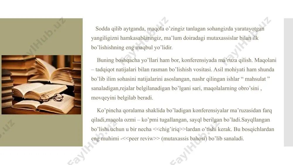 erak bo’ladi. yozganingiz bilan ish bitmaydi. sizning nazriyangiz yoki g’oyangiz bilan nimasi bilan farq qilishini tushuntirib, solishtirib, isbotlab chiqishingiz kerak bo’ladi birma bir. yangi fikringizni tushuntira olishingiz kerak bo’ladi. buning uchun siz gapni aynan muammolardan boshlab, sizdan oldingi mazvu bo’yicha yozilgan ilmiy ishlar - >larni qisqacha izohlashingiz kerak bo’ladi. shundan so’ng siz o’z kasbingizni mutaxasiligingizni oqlagan holda o’zingiz uchun bir > yaratib olasiz. bu burchak - o’z sohangizdagi sizning joyingizni belgilab turadi. maqolaning asosiy bolimi bo’lib u kirishdagi >ning yechimlari aynan shu bo’limda yoritib beriladi. muammolardan kegin nazariy yoki uslub haqida bo’limlar (tarixdan qo’shish shart emas), asosiy qisimdan kegin misol yoki istot bo’limlari ham bo’ladi. bo’limlarni bir biriga mantiqan bog’lab borasiz. maqolangiz yakunida bo’lim oxirida > bilan tugatasiz. xulosada maqolada aytib o’tilganlarni takrorlab, muallifning asosiy topilmalarini uning yechimlarini qisqacha izohlab otadi. tugallangandan kegin foydalanilgan topilmasi, adabiyotlar va havolalar (shu qilingan ish bo’yicha ) kelririladi. ishingizni qoralamasini tugallaganizdan so’ng, yaqin hamkasiblaringiz, …