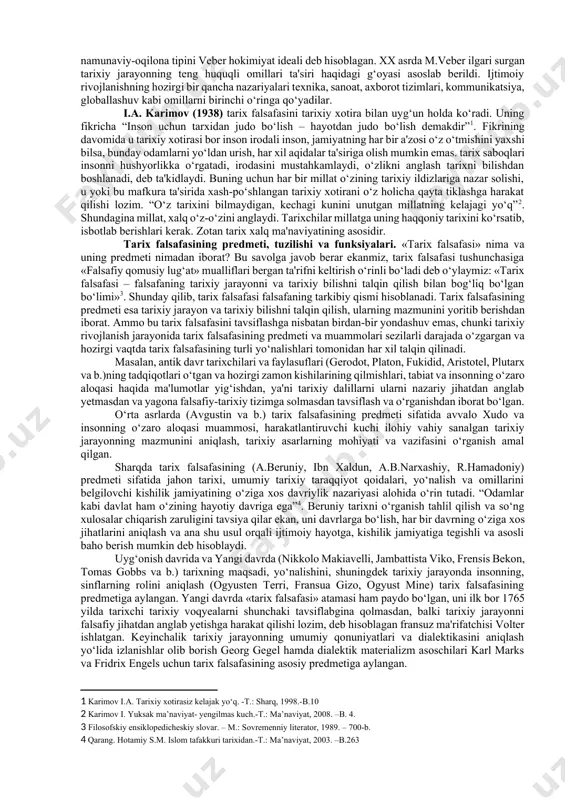 noniston ,markaziy osiyo, eron buyuk madaniyatlari deyarli bir vaqtda vujudga kelgan miloddan avvalgi 800 va 200 yillar oralig‘idagi davrga mos keladi. yevropada fan-texnika davrining boshlanishi mazkur madaniyatlarning davomi (ma'lum ma'noda esa ularning ziddi) bo‘lgan. to‘rtinchi bosqichda insoniyatning birligi vujudga keladi. bu davrda jamiyat insonga munosib bo‘lgan asoslar va tamoyillarga muvofiq rivojlanadi. totalitarizmdan butunlay voz kechishga asoslangan huquqiy davlat mazkur birlikning kafili hisoblanadi. tarixning mazmuni – umuminsoniy madaniyatni va vaqt o‘qining avvalida shakllangan an'analarni saqlash va rivojlantirishdadir. bugungi kunda jamiyatning globallashuvi munosabati bilan tarixning mazmuni haqidagi masala yana kun tartibidan o‘rin olmoqda. zamonlar va xalqlar aloqasini, xalqlar o‘rtasidagi hamjihatlikni qaror toptiradigan, ajdodlarning ma'naviy merosini saqlash va ko‘paytirishni, hozirgi avlodlarning erkinligi va ijodiy imkoniyatlarini ro‘yobga chiqarishni ta'minlaydigan qadriyatlar tizimiga qarab mo‘ljal oluvchi g‘oyalar yana muhim ahamiyat kasb etmoqda. xix asrda falsafadan sotsiologiya ajralib chiqa boshladi. mazkur fan jamiyatni tushunishga nisbatan falsafiy yondashuvlarni asosan tan oladi va ayni vaqtda o‘z predmeti va tadqiqot …