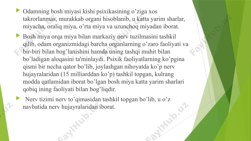 ajasiga ajratiladi. ko’pgina bir hujayralilar hamda ayrim ko’p hujayralilarda psixik rivojlanishning past darajasi kuzatiladi. 2.perseptiv bosqich bo’lib, u tashqi, ob'ektiv voqelikni yaxlit aks etishi bilan xarakterlanib, alohida oddiy sezish turi emas. k.e.fabrining fikricha, perseptiv psixikani ham ikki darajasi mavjud. past darajaga yuqori darajali umurtqasizlar kiradi. perseptiv psixikaning quyi bosqichida mavjud bo’lgan hayvonlar uchun ijobiy ta'sir etuvchilarni faol izlash xususiyati xosdir. 3.intellektual bosqich - yuksak darajada rivojlangan nerv tizimiga ega bo’lganlar, ya'ni odamsimon maymunlarga xosdir. seskanuvchanlik va tropizm hamma tirik organizmlar o’simliklardan tortib, hayvonlargacha aks ettirishning biologik shakli seskanuvchanlik xususiyatiga egadir. seskanuvchanlik - tirik organizmning biologik ahamiyatiga ega bo’lgan ta'sirlariga javob qaytarish qobiliyatidir. biotik, ya'ni biologik ahamiyatga ega bo’lgan omillariga maxsus harakatlar bilan reaksiya qilish usullariga tropizm yoki taksislar deyiladi. tropizm turlari quyidagi jadvalda yaqqol aks ettirilga: tropizm turlari. fototropizm termotropizm xemotropizm gidrotropizm topotropizm geleotropizm barotropizm 1.fototropizm - bu tirik organizmning yorug’lik ta'sirida harakatga kelishidir. masalan, yoz kuni tungi chiroq yorug’ligiga …