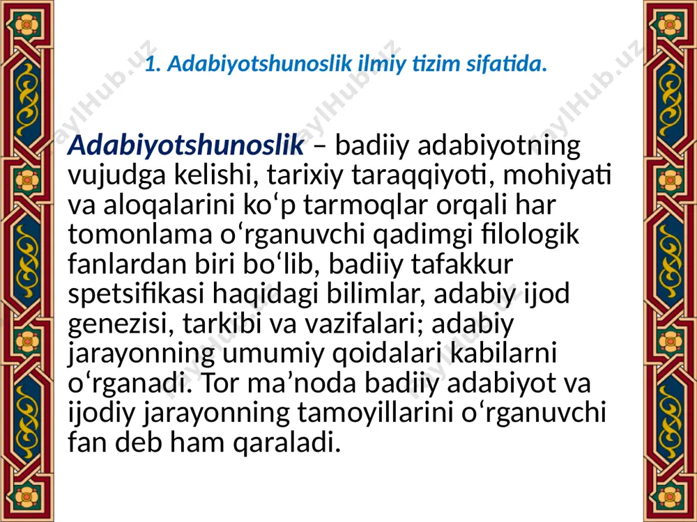 ni izohlang. 2. “adabiyotshunoslik tarixi” fanining maqsad va vazifalarini tushuntiring. 3. adabiyotshunoslik tarixini qaysi tamoyillar asosidadavrlashtirish mumkin? 4. adabiyotshunoslik tarixida yirik tarixiy davrlar yoki davriy umumlashma deganda nimani tushunasiz? “mifik tafakkur” yoki “arxaik” zamon istilohlarining mohiyatini tushuntiring. “kanonizatsiya” va “dekanonizatsiya” atamalari nimani anglatadi? adabiyotlar 1. arastu hakim. poetika. axloqi kabir. ritorika. t.: yangi asr avlodi, 2006, 2011. 2. boltaboev h. adabiyot ensiklopediyasi. t.: mumtoz so‘z, 2015. 3. boltaboev h., mahmudov m. adabiy-estetik tafakkur tarixi. t.: mumtoz so‘z, 2013. b. 3–7. 4. valixo‘jaev b. o‘zbek adabiyotshunosligi tarixi. x–xv asrlar. t., 1993, 2013. 5. sharq mumtoz poetikasi. 1–kitob: manba va talqinlar. talqin va sharhlar muallifi h.boltaboev. t.: o‘zbekiston milliy ensiklopediyasi davlat ilmiy nashriyoti, 2006, 2008. 6. борев ю. словарь терминов текстологии и генетической критики. м., 2011 (эл. версия). internet saytlari www.litera.ru. www.philologs.narod.ru. www.ziyo-net.uz e‘tiboringiz uchun tashakkur! audio1.wav image1.png image2.png image3.wmf image4.jpeg /docprops/thumbnail.jpeg