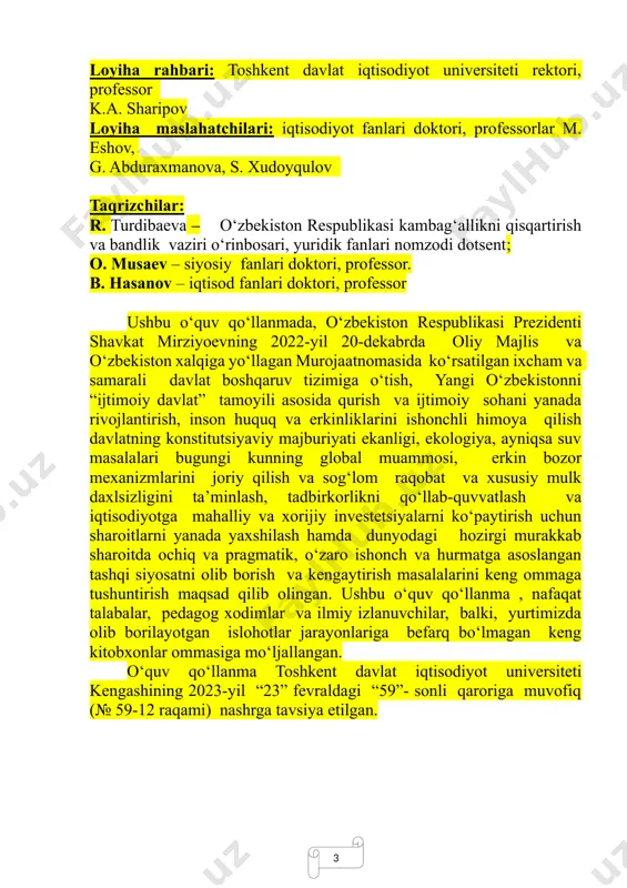 tizimi. 6. sud hokimiyati. 7. advokatura. 8. prokuratura. 9. moliya, pul va bank tizimi. 10. mudofaa va xavfsizlik. 177-198 vii mavzu. konstitutsiyani o‘zgartirish tartibi 1. o‘zbekiston respublikasi konstitutsiyasini o‘zgartirish tartibi haqida 2. o‘zbekiston respublikasi konstitutsiyasining 154- moddasi 3. o‘zbekiston respublikasi konstitutsiyasining 155- moddasi 199-225 xulosa glossariy testlar foydalanilgan adabiyotlar ro‘yxati yangilangan konstitutsiyamiz uchinchi renessansni barpo etish yo‘lida mustahkam huquqiy poydevor bo‘lib xizmat qiladi. o’zbekiston respublikasi prezidenti sh.mirziyoyev. 08.05.2023 [footnoteref:0] [0: https://president.uz/oz/lists/view/6277] № 1 mavzu. konstitutsiya tarixi. eng qadimgi huquqiy hujjatlardan hozirgi zamon konstitutsiyalarigacha 1. konstitutsiya tushunchasi, konstitutsiyalar tarixi. 2. konstitutsiyaning asosiy prinsiplari va funksiyalari. 3. mustaqil o‘zbekiston respublikasi konstitutsiyasi yaratilish tarixi. 4. o‘zbekiston respublikasi yangilangan konstitutsiyasining ijtimoiy, siyosiy, huquqiy, falsafiy mohiyati. 5. yangilangan konstitutsiya - jamiyatni ijtimoy-huquqiy ehtiyoj mevasi. 1.konstitutsiya tushunchasi, konstitutsiyalar tarixi. konstitutsiya so‘zi (lot. constitutio - tuzilish, tuzuk) - davlatning asosiy qonuni. u davlat tuzilishini, hokimiyat va boshqaruv organlari tizimini, ularning vakolati hamda shakllantirilish tartibi, saylov tizimi, fuqarolarning …