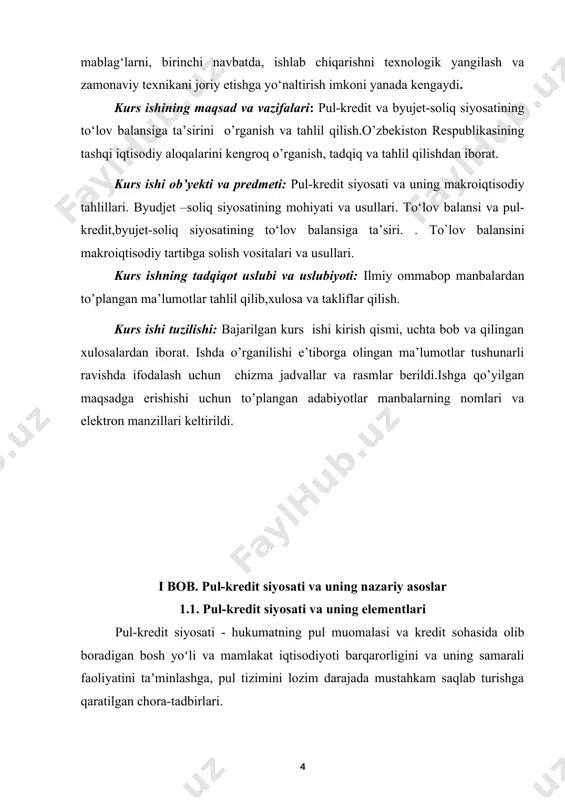 ʻridan-toʻgʻri oʻzining boshqaruv vakolatlari yordamida va pul emissiyasi orqali taʼsir oʻtkazishi mumkin. hozirgi kunda pul-kredit siyosati bir qator yangiliklar olib borilmoqda bulardan, inflayatsiyasi pasaytirish uchun chora tadbirlar, ochiq bozor operatsiyalari va boshqalar.[footnoteref:1] [1: o‘zbekiston respublikasi markaziy banki boshqaruvining 2022 yil 19 noyabrdagi 27/5-sonli qarori bilan tasdiqlangan. ] pul-kredit siyosati va uning elementlari haqida gapiradigan bо‘lsak avvalambor bazaviy inflyatsiya haqida gapirsak mavsadga muvofiq bо‘ladi. bazaviy inflyatsiya – bu inflyatsiyaning bir qismi bо‘lgan va о‘zida ma’muriy hamda mavsumiy omillarning narxlardagi ta’sirini hisobga olmagan holda tovar va xizmatlar narxlarining erkin о‘zgarishini (dinamikasini) aks ettiruvchi kо‘rsatkichdir. ushbu kо‘rsatkich mamlakatdagi inflyatsiya darajasini ma’lum bir davr uchun yaqqolroq ifoda etadi. qо‘shimcha ravishda bazaviy inflyatsiya iste’mol savatidagi mavsumiy; qisqa muddatlarda narx-navosi tez-tez о‘zgarib turuvchi; narx-navosi davlat tomonidan tartibga solinadigan ayrim tovar va xizmatlarning narxlarini inobat olmaydi. masalan; meva-sabzavot tovarlari, suv, gaz, elektr-energiya kabi tovar va xizmat turlari. bozor iqtisodiyotida tovar va xizmatlar narxi talab va taklifdan kelib …