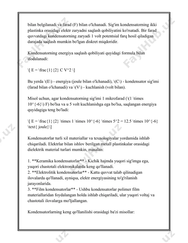 burchagini o'zgartiradi. reaktiv qarshilik \[ x_l = 2 \pi f l \] formula orqali hisoblanadi, bunda \(f\) chastota, \(l\) esa induktivlik. to'rtinchidan, induktivlik g'altaklari elektr zanjirlarida filtr sifatida ishlatilishi mumkin. ular yuqori chastotali signallarni pasaytirishi va past chastotali signallarni o'tkazishi mumkin. bu xususiyat radiotexnikada va audio elektronika qurilmalarida keng qo‘llaniladi. beshinchidan, g'altaklarda energiyaning magnit maydon shaklida saqlanishi muhim xususiyatdir. bu energiya \[ w = \frac{1}{2} l i^2 \] formula orqali hisoblanadi, bunda \(i\) – g'altakdan o'tayotgan tok. ushbu xususiyat energiyani vaqtinchalik saqlash va keyinchalik foydalanish imkoniyatini yaratadi. oltinchidan, o'zgaruvchan tok zanjirlarida induktivlik g'altaklari yuqori o'zgaruvchan elementlardan biri bo'lib, yadro materiali, o'rash turi va boshqa texnik xususiyatlar bo'yicha moslashtirilishi mumkin. yadro materiali, ayniqsa, muhim rol o'ynaydi, chunki ferromagnit yadrolar yuqori darajadagi induktivlikni ta'minlaydi, lekin ular ham histerezis va eddy tok yo'qotishlariga moyildir. yettinchidan, induktivlik g'altaklari integrallashgan sxemalarda miniaturizatsiya bo'yicha jiddiy qiyinchiliklar tug'diradi, ammo platalarda smd (surface mount device) komponent sifatida keng …