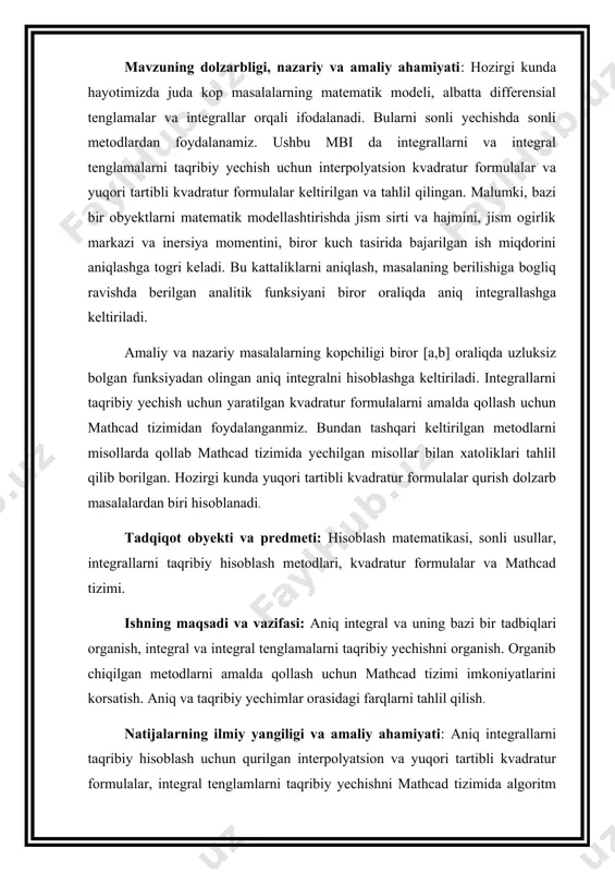 etish, statistik gipotezalarni tekshirish hamda matematik modellarni yaratishga qadar turli zarur texnik hisoblashlarni amalga oshirish mumkin. ularning barcha takomillashgan ilmiy grafika vositalariga, qulay yordamchi axborot tizimiga va hisobotlarnirasmiylashtirish vositalariga ega. «professional paket» atamasi «o`quv paketi» atamasiga muqobil ravishda tanlangan. hozirgi davrda bu paketlardan nafaqat oliy malakali mutaxassislar, professional o`qituvchilar, balki oliy maktab talabalari, hattoki, litseylar, kasbhunar kollejlari va maktablar o`quvchilari ham foydalanayotganligini kuzatish mumkin. amaliy xarakterdagi ilmiy tadqiqotlar bilan shugullanuvchilar uchun mos universal matematik paketlar yaratilmoqda va bu paketlar ilmiy tadqiqot natijalariga ijobiy ta�sir ko`rsatmoqda; professional matematik paketlar bo`yicha maxsus adabiyotlar ko`paymoqda o`quvchiga samarali yordam ko`rsatish; nostandart matematik muammolarni hal etish uchun o`zining maxsus algoritmik tiliga ega bo`lishi va h.k. hozirgi kunda o`rta ta�lim muassalarini zamonaviy kompyuter texnologiyalari va dastur ta�minotlari bilan ta�minlash tez suratlar bilan kechmoqda. bu holda ehmning apparat va dastur ta�minotlarining o`zaro uyg`unligi katta ahamiyatga ega. shu sababli, o`rta ta�lim muassasalarida matematika o`qitishning zamonaviy usuli sifatida mathcad …