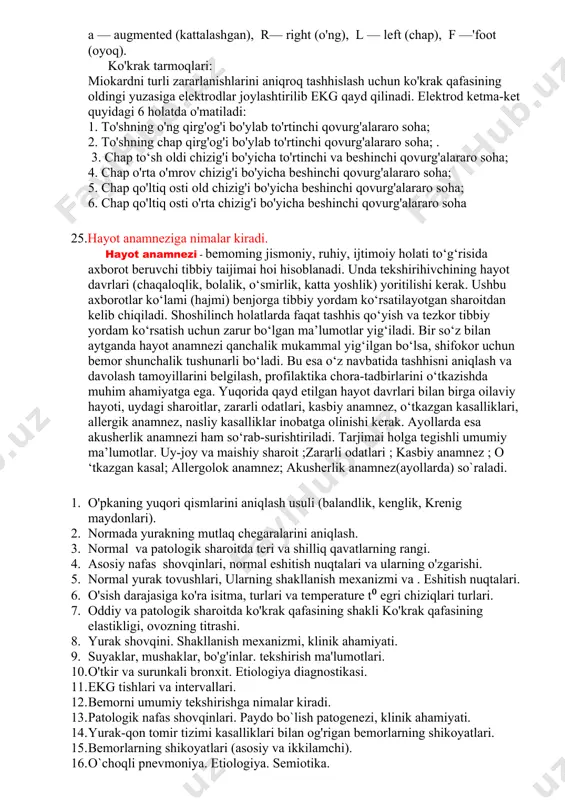 rga ekssudatli plevritga chalingan bemorlarda plevra bo'shlig'ida ekssudat to'planishi bilan bog'liq bo'lgan umumiy belgilar ham kuzatiladi. bemorlar yonboshdagi og'irlik (to'mtoq og'riq), hansirash, biroz quruq yo'taldan shikoyat qiladilar. yiringli plevritda (plevra empiemasida) qaltirash bilan kechuvchi baland isitmalash, intoksikatsiya belgilari qayd etiladi plevraning o'sma ta’sirida zararlanishi bilan bog'liq va uning bo'shlig'ida suyuqlikni sekin-asta to'planishi bilan kechuvchi plevritlar belgilarsiz kechishi mumkin. 24.standart, kuchaytirilgan va ko'krak ulanishlarida ekg. o'ng qo'ldagi elektrodga bitta relyefli qizil sim, chap qo'ldagi elektrodga ikkita relyefli sariq sim va chap oyoqqa uchta relyefli yashil sim halqalari. i standart tarmoq — о ‘ng qol(manfiy qutb) — chap qol (musbat qutb); ii standart tarmoq — о 'ng qol (manfiy qutb) — chap oyoq (musbat qutb); iii standart tarmoq — chap qol (manfiy qutb) - chap oyoq (musbat qutb). qo‘l va oyoqlardagi bir qutbli kuchaytirilgan tarmoqlar : bu tarmoqlar ikki qutbli standart tarmoq potentsiallaridan bitta faol elektrod yordamida qayd qilinishi bilan farqlanadi. quyidagi …
