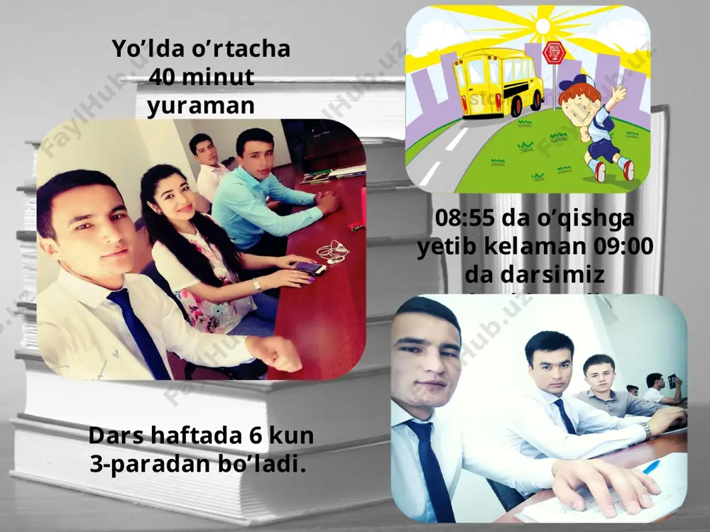 himovning “dunyoning ishlari” o’tkir hoshimovning “nur borki soya bor” o’tkir hoshimovning “tushda kechgan umirlar” o’tkir hoshimovning “daftar hoshiyasidagi bitiklar” tohir malik “xalovat” abdulla qodiriyning “mehrobdan chayon” 8. xudoyberdi to’xtaboyevni “mungli ko’zlar” 9. xudoyberdi to’xtaboyevni “besh bolali yigitcha” 10. g’afur g’ulomni “shum bola” 11. chingiz aytmatov “asirni qaritgan kun” 12. daniyel defo “robinzon kruzoning hayoti va ajoyib sarguzashtlari” 13. jonatan svift “gulliverning sayohatlari” 14. vikas svapur “xarobadan chiqqan millioner” va boshqalar shular jumlasidan. yoqtirgan kitobimdagi qaxramon men bir nechta kitoblar o’qigamanan ulardan asrni qaritgan kun romani menga judayam yoqadi. undagi voqialarning ketma kitligi bir biriga bo’g’liqligi bilan, mazmuni bilan o’qigan boshqa kitoblarim orasida ajralib turadi. undagi edigey bo’ron personaji manga judayam yoqadi. uning hayoti, o’ziga hos fazilatlari, gaplari boshqa qahramonlarga qaraganda o’zgacharoq. idealimdagi inson: mening idealimdagi inson bobom. men bobomga o’xshagan mehribon, to’g’risoz, xushchaqchaq, ko’ngli toza, beg’ubor inson bo’lishni xohlayman yashashdan maqsadim: yashashdan maqsadim bu savolga aniq javob berish sal qiyinroq …