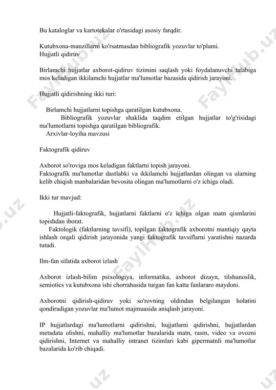 digan faktlarni topish jarayoni. faktografik ma'lumotlar dastlabki va ikkilamchi hujjatlardan olingan va ularning kelib chiqish manbalaridan bevosita olingan ma'lumotlarni o'z ichiga oladi. ikki tur mavjud: hujjatli-faktografik, hujjatlarni faktlarni o'z ichiga olgan matn qismlarini topishdan iborat. faktologik (faktlarning tavsifi), topilgan faktografik axborotni mantiqiy qayta ishlash orqali qidirish jarayonida yangi faktografik tavsiflarni yaratishni nazarda tutadi. ilm-fan sifatida axborot izlash axborot izlash-bilim psixologiya, informatika, axborot dizayn, tilshunoslik, semiotics va kutubxona ishi chorrahasida turgan fan katta fanlararo maydoni. axborotni qidirish-qidiruv yoki so'rovning oldindan belgilangan holatini qondiradigan yozuvlar ma'lumot majmuasida aniqlash jarayoni. ip hujjatlardagi ma'lumotlarni qidirishni, hujjatlarni qidirishni, hujjatlardan metadata olishni, mahalliy ma'lumotlar bazalarida matn, rasm, video va ovozni qidirishni, internet va mahalliy intranet tizimlari kabi gipermatnli ma'lumotlar bazalarida ko'rib chiqadi. ma'lumotlarni qidirish, hujjatlarni qidirish, axborotni qidirish va matn terish tushunchalari bilan bog'liq ba'zi bir chalkashliklar mavjud. shu bilan birga, ushbu tadqiqot yo'nalishlarining har biri o'z texnikasi, amaliy ishlanmalari va adabiyotlariga ega. hozirgi kunda ip-bu …