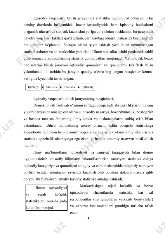 iqdoriy namoyon bo‘lishi ustidan muntazam ravishda kuzatish olib borishni dolzarb masala qilib qo‘ydi. bu funksiyani amaliy tasviriy statistika amalga oshiradi. bozor iqtisodiyoti va rejali ho‘jalik statistikalari orasida juda katta farq mavjud. markazlashgan rejali ho‘jalik va bozor iqtisodiyoti sharoitlarida statistika har xil respondentlar (ma’lumotlarni yetkazib beruvchilar) va axborot iste’molchilari guruhiga turlicha ta’sir etadi. rejali ho‘jalik sharoitida davlat rejasi ishlab chiqarish regulyatori bo‘lib, xalq xo‘jaligining barcha ierarxik doiralarida iqtisodiyot ishtirokchilarining xatti-harakatlarini, xulq atvorlarini aniqlaydi. shuning uchun iqtisodiy hodisalar, shu jumladan, yakka-yakka hodisalar nisbatan kamroq tasodifiy kuchlar ta’sirida bo‘lib, mikroiqtisodiy ko‘rsatkichlarni ham birmuncha barqaror rivojlanishi va turg‘un bo‘lishini ta’minlaydi. rejali boshqarish sharoitida statistikaning asosiy funksiyasi davlat rejalarini bajarish ustidan nazorat qilishdan iborat. shu maqsad jihatdan mikroiqtisodiy ko‘rsatkichlar eng muhim ahamiyatga ega, chunki iqtisodiyotning quyi darajalarida davlat rejasini bajarish yuqori darajalarda ham uning bajarilishini ta’minlovchi zamin hisoblanadi. mikroma’lumotlar ochiq bo‘lib, statistika va boshqa maqsadlarda ham ulardan foydalanish mumkin. hamma respondentlar korxona, tashkilotlar va muassasalar …