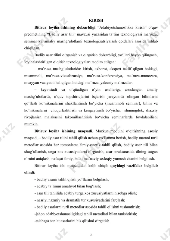 yiroqligi, psixoanalitik tahlil imkoniyatlaridan foydalanolmasligi, badiiy til bilan shug‘ullanish va uning darajasini aniqlash yo‘lining, asosan, sotsiologik talqin (interpretatsiya) yoki syujetni qayta hikoyalash tusida ekanligi badiiy matnga yondashish yo‘lini bilmaslik oqibatidir. mazkur mavzu talabalarni badiiy matn jozibasini kashf etishning estetik tamoyillaridan boxabar qiladi. bitiruv loyiha ishining tuzilishi va hajmi. bitiruv loyiha ishi kirish, ikki bob (birinchi bob ikki fasl, ikkinchi bob uchta fasl), xulosa va foydalanilgan adabiyotlardan tarkib topgan. 1-bob. badiiy asar tilini o‘rganish va tahlil qilishning nazariy jihatlari 1.1. “adabiyotshunoslik nazariyasi” o‘quv predmetiga ta’lim texnologiyasining tatbiq etilishi badiiy asar tili juda qadim zamonlardan buyon ilm egalarining diqqatini tortib kelgan. dunyo olimlari unga turlicha ta’rif berishgan. asar tili kunchiqish adabiyotshunosligi ilmida ham azaldan muhokama mavzusi bo‘lgan. miloddan to‘rt ming yillar oldin hind manbalarida bir adabiy matnni ming xil tushunish mumkinligi to‘g‘risida gap boradi. forobiy, ibn sino, ahmad taroziy, navoiy, bobur singari turkiy mutafakkirlarning asarlarida esa badiiy tilga islomiy-turkiy yondashuv aks etgan. …