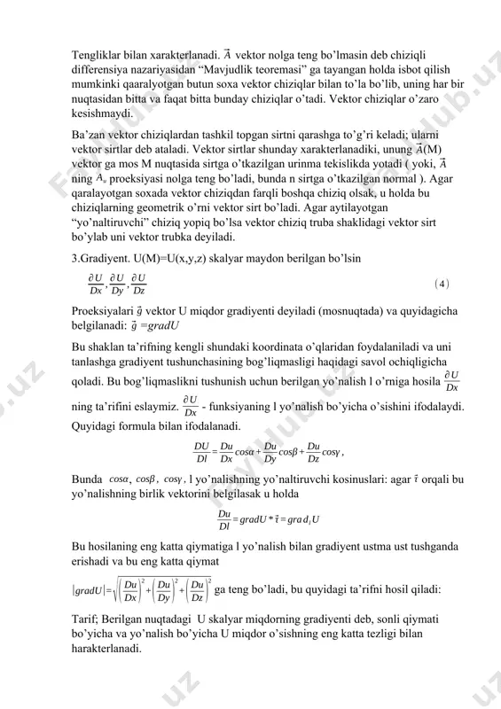 ega bo’lgan r skalyar argumentli qandaydir skalyar funksiya. sath sirt markazi bunda o nuqtada bo’lgan r radiusli sfera bo’ladi, gradiyent yo’nalishi u’(r)>0 yoki 0 orqali proporsionallik koefitsentini berilgan joy uchun (ichki issiqlik o’tkazuvchanlik koefitsenti) bog’laymiz. demak, deb yozish mumkin. yuqoridagi aytilganlarga asosan manfiy bo’lganda issiqlik miqdori dq musbat bo’ladi, ya’ni n yo’nalishi bo’yicha temperatura u kamaysa agar issiqlik oqimi deb ataluvchi vektorni kiritsak u holda dq ning ifodasi uchun formula yozish mumkin. sirt orqali oqim. divergensiya . ostrogradskiym, stoks formulalari 1. sirt orqali vektor oqimi 2. ostragradiskiy formulasi 3. divergensiya 4. vektor sirkulyatsiyasi (aylanmasi) 5. stoks formulasi 6. vixr (uyurma) tayanch so’zlar : vektor oqimi, sirt integrali ,vektor maydon , statsionar oqim , suyuqlik miqdori , issiqlik oqimi. nyutoncha tortishish maydoni , divergensiya , skalyar maydon divergensiyasi, vektor sirkulyatsiyasi , vektor uyurmasi yoki rotori . qndaydir vektor maydoni , ya’ni proeksiyalari , , berilgan bo’lsin . (s) sirt olamiz , …