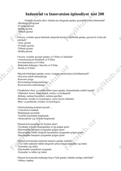 industrial va innovatsion iqtisodiyot test 200 — DOC