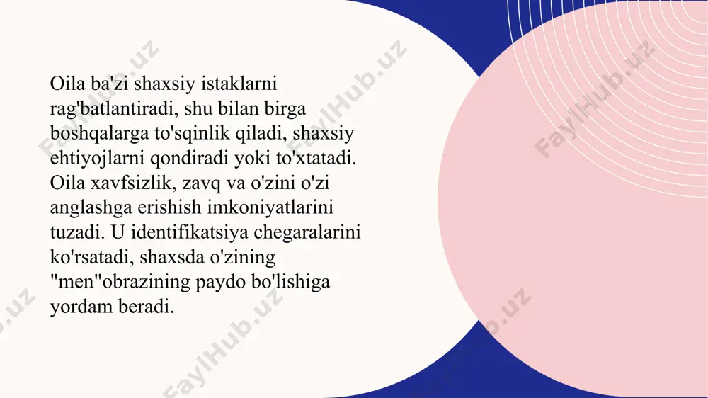hamdardlik va boshqa odamlarning his-tuyg'ularini tushunishni o'rgatishlari mumkin. 23 o'z-o'zini hurmat qilish va o'z-o'zini hurmat qilishni shakllantirishota-onalar bolaning o'zini o'zi qadrlashi va o'zini o'zi qadrlashini shakllantirishda muhim rol o'ynaydi. ular o'zlariga va qobiliyatlariga bo'lgan ishonchni rivojlantirishga yordam berish orqali bolani rag'batlantirishi va qo'llab-quvvatlashi mumkin. ota-onalar, shuningdek, bolaga o'ziga va uning yutuqlariga nisbatan ijobiy munosabatni rivojlantirishga yordam berishlari va o'zlarini qanday bo'lsa, shunday qabul qilish va hurmat qilishni o'rgatishlari mumkin. 24 qadriyatlar va axloqiy munosabatlarni tarbiyalashota-onalar farzandlariga nima to'g'ri va noto'g'ri ekanligini aniqlashga yordam beradigan qadriyatlar va axloqiy munosabatlarni etkazadilar. ular bolalarga axloq, adolat, bag'rikenglik va boshqa muhim tamoyillarni o'rgatadilar. ota-onalar o'z farzandlari uchun namuna bo'lishi mumkin, bu qadriyatlarni o'zlarining xatti-harakatlarida va boshqalar bilan muloqotda namoyish etishlari mumkin. oila mavjud bo'lganligi sababli, u bolani tarbiyalashda muhim rol o'ynaydi. ota-onalar uzoq vaqtdan beri o'z farzandlarining birinchi o'qituvchilari hisoblanadilar. bir kishi doimiy ravishda oilada, kundan-kunga yashaydi, bu uning hayotining barcha jabhalariga ta'sir qiladi. …
