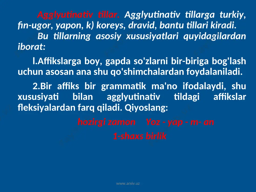 an tillarni turlarga ajratish tillar tipologiyasi deb ham yuritiladi. tilshunoslik fanida bu eng katta muammolardan biri hisoblanadi. www.arxiv.uz www.arxiv.uz uni hal qilishga chet el olimlari qatori, o'zbek tilshunoslari ham o'z hissalarini qo'shishmoqda. ma'lumki, har qanday tipologiya qiyoslashni taqozo qiladi. j.bo'ronovning fikricha, til tizimlarini qiyosiy o'rganishda umumiy tipologik uslub va tarixiy qiyosiy uslub mavjud. umumiy tipologik uslub lingvistik tipologiyani yaratishga xizmat qiladi. lingvistik tipologiya o'z navbatida struktural tipologiya universaliyasi, tillarning tipologik (morfologik) tasnifi, maxsus tipologik nazariya va etalon tilni aniqlashni qamrab oladi. www.arxiv.uz www.arxiv.uz umumiy tipologik uslub «turli tillar tizimlarini umumlashtirib. qiyoslab о 'rganuvchi uslub»dir. hozirgi zamon lingvistik tipologiya fanining asosi bo'lgan struktural tipologiya, tilning struktural tilshunoslik uslublariga asoslanib, turli tillarning struktural belgilarini sistemaga soladi va inventarlashtiradi. struktural tipologiya aniq uslublar asosida til qatlamining differensial belgilarini, tipologik xususiyatlarini aniqlaydi va ularning tipologik tasnifmi tuzadi. struktural tipologiya tildagi har bir strukturani umumiy lingvistik ishtirokchi tarzida o'rganadi. www.arxiv.uz www.arxiv.uz til universaliyalari barcha tillarga …