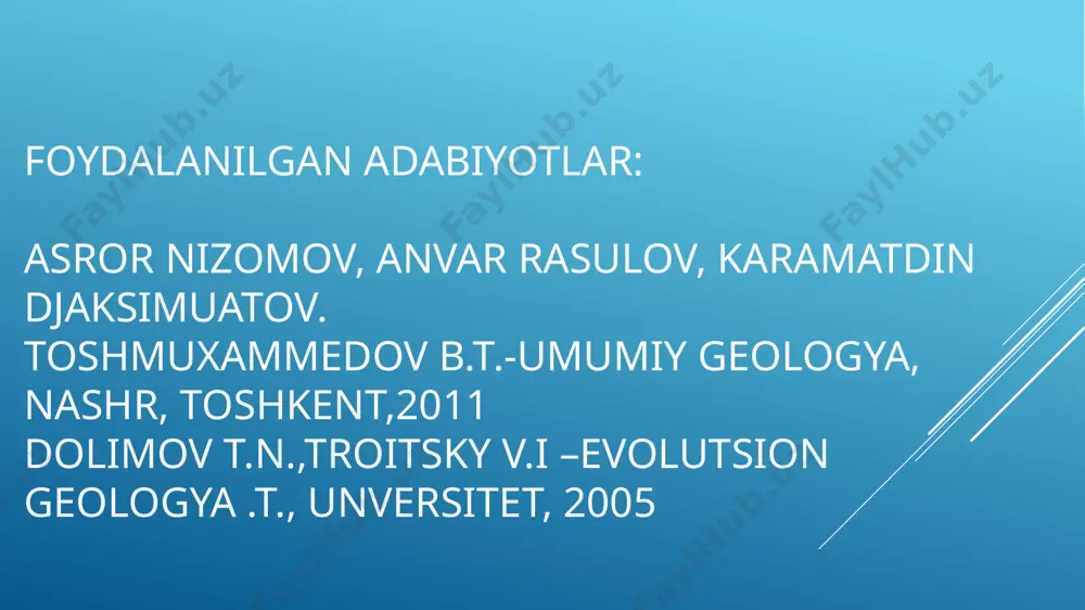 illar, daykalar, qatlamli tomirlar uyumlarni tashkil etadi. batolit-lotin tilida chuqurlik degan manoni anglatadi. chunki yuqori haroratli magama yuqori bosim ostida yer qatlamlariga yorib kirib asta sekin soviydi va qattiq tog’ jinslariga aylanadi. batolitlar juda katta 200km dan otiq chuqurliklarda va maydonlarda shakillanadi. lakolit- lotin tilida o’ra, xandaq yoki yer osti degan ma’noni beradi kesmada qo’ziqorinsimon ko’rinish kasb etadi. chunki magma yuqoriga tomon harakatlanar ekan tog’ jinsi qatlamlarini gumbazsimon bukib yuboradi. lapolit- lotin tilida lyopas idish, yapasqi sopol tovoq degan manoni anglatadi. ya’ni ikkala cheti go’yoki tovoqsimon gardishi kabi ko’tarilgan, o’rta qismi esa quyiga tomon bukilgan holda rivojlanadi. dayka-shotland tilida dyke –toshdan qurilgan devor degan mazmun beradi. chunki daykalar yer bag’ridagi tektonik yoriqlar bo’ylab, kristallangan lavaning qotishidan hosil bo’ladi. sill- cho’ziqligi jihatdan lakolitlargga o’xshab ketadi, lekin uncha qalin bo’lmagan hamda qavat-qavat holda shakillanishi bilan farq qiladi. effuziv-lotin tilida oqib chiqish degan ma’noni anglatadi. bularga quydagilar misol bo’ladi: yoyilma-suyuq magma ba’zan yer …