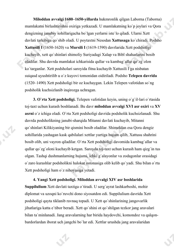 boshlarida suppilulium xett davlati taxtiga o`tiradi. u serg`ayrat lashkarboshi, mohir diplomat va uzoqni ko`ruvchi dono siyosatdon edi. suppilulium davrida xett podsholigi qayta tiklanib ravnaq topadi. u xett qo`shinlarining jangovarlik jihatlariga katta e`tibor beradi. xett qo`shini ot qo`shilgan tezkor jang aravalari bilan ta`minlanadi. jang aravalarning har birida haydovchi, komondoz va qalqon-bardorlardan iborat uch jangchi bo`lar edi. xettlar urushda jang aravalaridan foydalanishni giksoslar yoki mitanniliklardan qabul qilgan bo`lsalar kerak. urush vaqtida jangovar aravali qismlar shiddat va tezkorlik bilan hujumga o`tgan va dushman saflarini sarosimaga solganlar. podsho xett shaharlarini, xususan mamlakat poytaxti xattusaning mudofaa inshootlarini mustahkamlashga ham katta e`tibor bergan. suppilulium qo`shni mamlakatlar ustiga lashkar yuborish, o`z qizlarini ularning shoh va shahzodalariga nikohlab berish va turli diplomatiya usullarini qo`llab, ularni o`ziga qaratib oladi. jangovar xett qo`shinlari janubi-g`arbda arsava podsholigini, janubda kilikiya va suriyaning katta qismini bosib oladi. xett qo`shinlari mitanniga hujum qilib, g`olib chiqadilar. mitanni podshosi saroy fitnachilari tomonidan o`ldiriladi. shu davrda ossuriya …