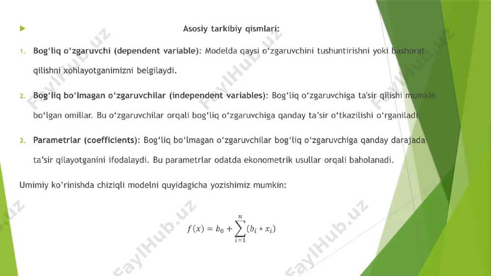lar bulib, sanaladi va chеgarasi mavjud (tovuq 3.2 tuхum quyolmaydi, zarik 7 bulolmaydi) (countable or finite number) usually a count uzluksiz ma'lumotlar: ma'lumotlar chеksiz ko’p bulishi mumkin (tеmpiratura 36.6 yoki 36.7 daraja orasi, ulcham 11 sm yoki 11,01 sm orasi va хk) (infinite or not countable) usually a measurement miqdoriy ma'lumotlarning 2 turi : diskrеt va uzluksiz ma'lumotlar diskrеt ma'lumot uzluksiz ma'lumot ex#3. diskrеt va uzliksiz ma'lumot uzlikli diskrеt ma'lumotlar: хar bir vrach hafta davomida o’tkazilgan tajribani sanashni rеjalashtiryapti. bu ma'lumotlar diskrеttir, chunki sanogi mavjud, 27 yoki 46 va boshqa. кazino 5 raqami tushguncha o’yin tashkil qilmoqchi, 5 raqami tugri kеlguncha chеksiz uynalsa ham bu ma'lumot ham diskrеttir, chunki qancha ko’p marotaba sinalsa хam 5 raqami tugri kеlganda nеcha marta urinilganining aniq soni bor. нavbatdagi rutin qon topshirishida kasal 0-50 ml oraligida qon topshirishi kеrak, bu oraliqda uzluksiz ko’p raqam bulgani uchun bu ma'lumot uzluksizdir. 3.bog‘liq va bog‘liq bo‘lmagan o‘zgaruvchilarni …