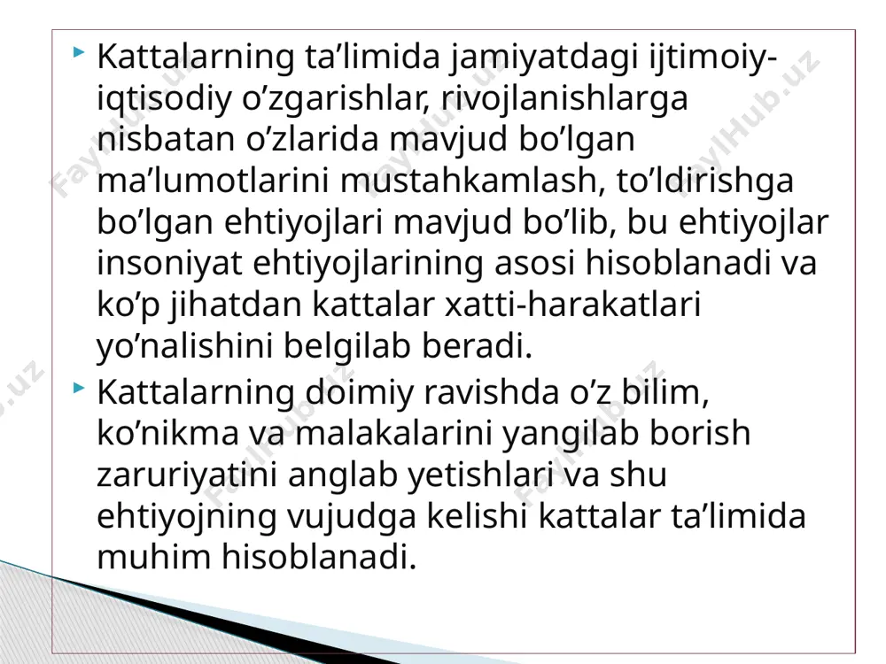 ’ulotlarni tashkil qilishi, malaka oshirish uchun kelgan tinglovchilar bilan o’zaro ijobiy munosabatlarni o’rnata olishi, androgogik ta’lim texnologiyalari va o’qitish shakllarini bilishi, mashg’ulotlar davomida umumiy va shaxsga yo’naltirilgan qoidalarni ishlab chiqa bilishi haqida ham o’z tavsiyalarini berishi juda muhim. e’tiboringiz uchun rahmat! image2.jpeg image3.png image4.png image5.png image6.jpeg image1.jpeg /docprops/thumbnail.jpeg