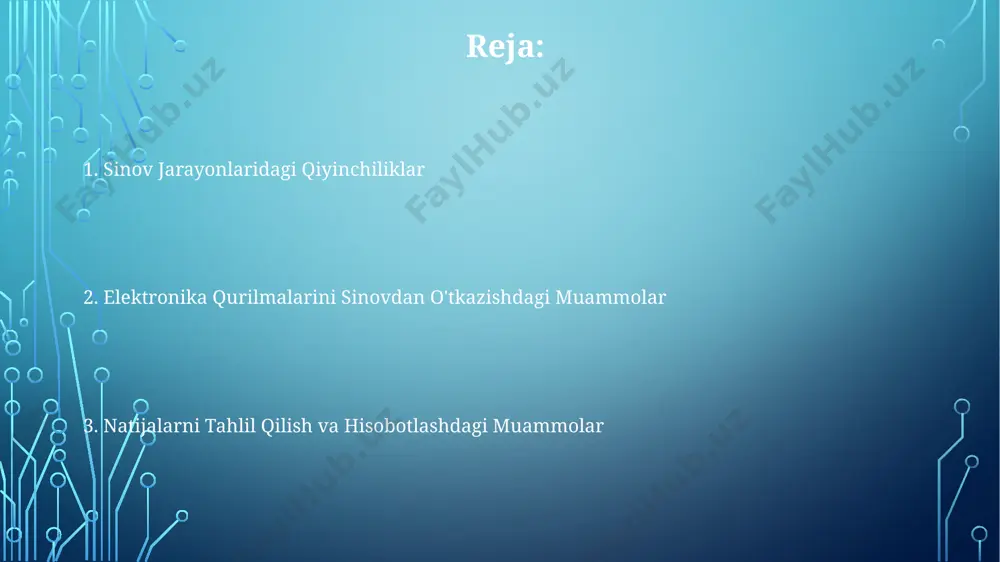 ta'minot va apparat o'zaro ta'siriga oid sinovlarning 30% dan ortig'i, ayniqsa, murakkab tizimlarda, masalan, avtomobil elektronikasi yoki tibbiyot asboblarida, xotira oqimlari bilan bog'liq muammolarni aniqlashga qaratilgan. sinov natijalarining tahlili va talqini германияда ўтказилган синовлардаги маълумотларни таҳлил қилиш натижалари 75% қурилмаларнинг батареясининг иш вақти стандартдан 15% камлигини кўрсатди, бу эса янги батарея моделининг яратилишига сабаб бўлди. синов натижаларини таҳлил қилишда, 50 та қурилмадан 10 тасида 20°c дан юқори ҳароратда ишончсизлик кузатилди, бу эса ишлаб чиқарувчига тошкент заводидаги ишлаб чиқариш жараёнини қайта кўриб чиқишга мажбур қилди. ўзбекистонда ўтказилган синовларнинг 30%ида дастурий таъминотдаги камчиликлар аниқланди, бу эса 80% ҳолатда қурилма ишламай қолишига олиб келди. бу муаммоларни бартараф этиш учун 200 минг ақш доллари сарфланди. elektron qurilmalarini sinashda murakkabliklar qo'shma shtatlarning kaliforniya shtatidagi silikon vodiysida joylashgan yirik kompaniyalar, yangi texnologiyalarni ishlab chiqarishda, 1000 dan ortiq turdagi elektron komponentlarni birlashtirgan murakkab mikrosxemalarni sinash uchun 20 dan ortiq sinov usullarini qo'llaydi. elektron qurilmalarni past haroratlarda (-40°c) …