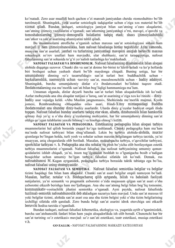 bajarishda estetika san’atning ko’makchisi, etakchisi hisoblanadi. estetika bir tomondan, san’atning paydo bo’lishidan tortib, uning turlariyu janrlarigacha, san’at asarining ichki murvatlaridan tortib, san’atkorning ijodkorlik tabiatigacha bo’lgan barcha jarayonlarni o’rganadi. ikkinchi tomondan, san’at uchun umumiy qonun-qoidalarni ishlab chiqadi va tadbiq etadi. uchinchi tomondan esa, san’at asarini idrok etayotgan kishi ruhidagi o’zgarishlarni nafosat nuqtai nazaridan tadqiq qiladi. shunday qilib, estetika san’atni to’la qamrab oladi va uning ich-ichiga kirib boradi: badiiy asarning yaratilish arafasidagi shart-sharoitlardan tortib, to u bunyodga kelib, asl egasi – idrok etuvchiga etib borgunigacha bo’lgan va undan keyingi jarayonlarni tadqiq etadi hamda ulardan nazariy xulosalar chiqaradi. zero «san’at falsafasi» iborasining siri ana shunda. estetika – falsafiy fanlardan biri. falsafa esa fanlarning podshosidir. darhaqiqat, u fanlar podshosi sifatida barcha tabiiy va ijtimoiy ilmlar erishgan yutuqlarni o’z qamroviga olib, ulardan umumiy xulosalar chiqarib, shular asosida insoniyatni haqiqat tomon etaklaydi. shu bois tafakkurni falsafaning predmeti deb atash maqsadga muvofiq. estetika esa falsafiy fan sifatida …