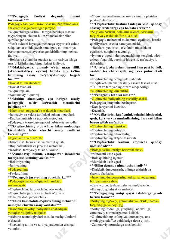 o‘quvchilarga pedagogik va psixologik jihatdan to‘g‘ri vazifa qo‘yadi. =sinf jamoasida o‘qituvchi ham ishtirokchi, ham maslahatchi vazifasini bajaradi. =psixologik jihatdan to‘g‘ri vazifa qo‘yadi. ***o‘qituvchining mantiqiy qobiliyati...*** =ohangni, musiqani yaxshi his etish, deklamatsiya asosida o‘qiy olish. =mulohaza yuritish, raqamlarni, matematikani, murakkab masalalarni йechishga qiziqish. =vaqtni, harakat sur’atini his etishi. =o‘z-o‘zini bilish, tushunish va his etish, ichki his tuyg‘u bilan yashash. ***berilgan javoblardan qaysi biri o‘qituvchining avtoritar usulida sinf jamoasini boshqaruviga tegishli*** =o‘qituvchi yakka holda guruh faoliyatini belgilaydi, o‘quvchilarning so‘zsiz bo‘ysunishini da’vo qiladi. =o‘qituvchi o‘quvchilarni o‘z holiga tashlab qo‘yadi, sinfni o‘qituvchi emas, o‘quvchilar o‘z istaganlaricha boshqaradilar. =o‘quvchilarga ishonch bildiradi, shaxs sifatida ularni hurmat qiladi, ammo talabchanlikni susaytiradi. =pedagogik faoliyatda sinf jamoasining fikr mulohazalariga tayanib, ta’lim-tarbiyaviy ishlarni tashkil qiladi. ***o‘qituvchi va o‘quvchi muloqotini bog‘lovchi asosiy vosita*** =nutq. =dialog. =so‘z. =deklamatsiy ***o‘qituvchining pedagogik nazokatida muhim ahamiyatga ega bo‘lgan xususiyatlarni belgilang. =sinf jamoasida ongli intizomni vujudga keltirish va haqiqiy muloqot madaniyatiga erishish. =muloqotni erkin demokratik usulda …