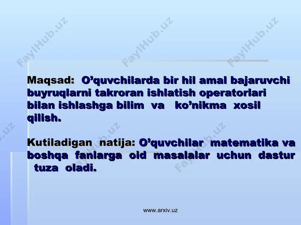 ini aniqlang. for to while repeat l while do while l do p untel p operatorning to`g`ri qatori kiritilmagan 5. turbo paskalda dasturning to`g`ri tartibini ko`rsating. uses,label,var,begin,end. uses,var,label,begin,end. label,var,uses,begin,end. var,label,usas,begin,end. www.arxiv.uz www.arxiv.uz o’quv vaqtining davomiyligi 80 min o’quv vaqtining mavzular bo’yicha taqsimoti: o’quv jarayonini tashkil etish metod va shakllari: aqliy xujum metodi, individual, guruhli shakllari. baholash metodlari va mezonlari: o’quvchilarning bilimlarini turli nazorat savollari (og’zaki so’rov, yozma ishlar, test savollari) usullarida baholash. www.arxiv.uz № mavzu nomi nazariy amaliy jami 1 turbo paskalda takrorlash operatorlari bilan ishlash 1 1 2 www.arxiv.uz berilgan topshiriqni baholash uchun o`zimizga quyidagi tartibda jadval tuzib olamiz. www.arxiv.uz № sinov turlari 1 ta topshiriq uchun beriladigan ball topshiriq soni umumiy ball 1 test 2 5 10 2 mustaqil ish 2 5 10 3 amaliy mashg`ulot 2 5 10 4 og’zaki (yakka tartibda savol-javob) 2 10 20 jami 50 www.arxiv.uz baxolash tartibi www.arxiv.uz foiz hisobida ball hisobida baxosi …