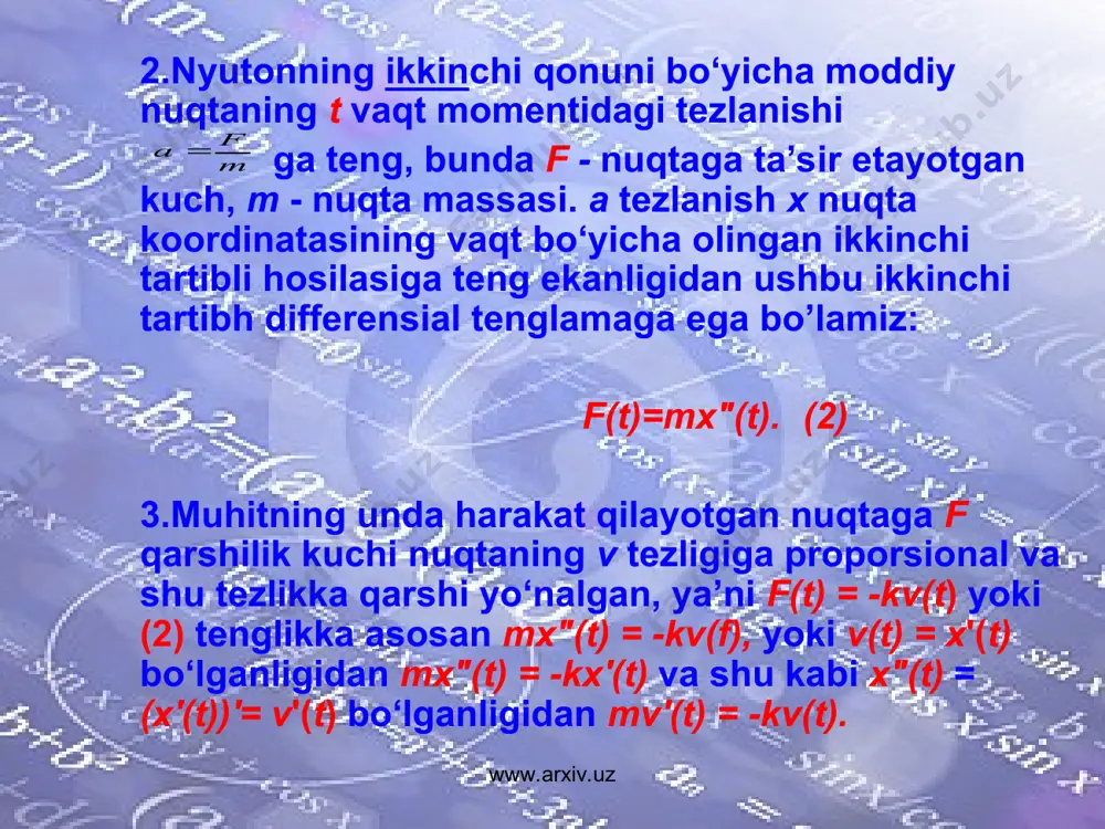 yechimini topamiz: dy = 2 xdx, 3-rasm. bu yechim parabolalar oilasini ifodalaydi (2- rasm). c ni y(1) = -2 shartdan foydalanib topamiz: bundan c = -3. demak, izlanayotgan xususiy yechim ekan. y' = f(x; y) ko‘rinishdagi differensial tenglama ham y' =f (x) tenglama kabi tahlil qilinadi. 3-misol. tenglamaning umumiy yechimi y = cx (c —ixtiyoriy doimiy) funksiyadan iboratligini tekshiramiz va (x = 1, y - 1), (x = 0, y = 0) qiymatlarga mos xususiy yechimlarini topamiz. www.arxiv.uz www.arxiv.uz 3-rasm www.arxiv.uz www.arxiv.uz yechish. y = cx va y' = c ifodalarni berilgan tenglamaga qo‘ysak, tenglama ayniyatga aylanadi: c = c. demak, y = cx umumiy yechim. xususiy yechimni topish uchun y = cx ga oldin x = 1, y = 1 ni qo‘yamiz: c = 1. bunga mos xususiy yechim y = x bo‘ladi (3-rasm). endi y = cx ga x = 0, y = 0 ni qo‘yamiz: 0 = …