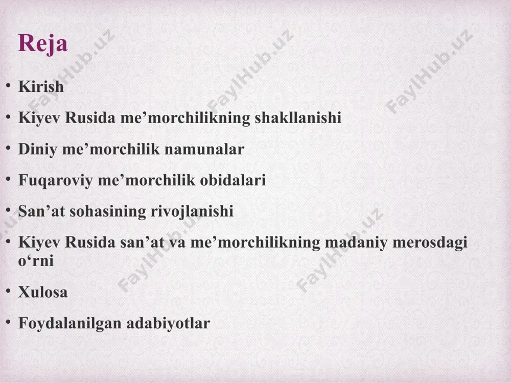 ibodatxonalar mahalliy qurilish an’analariga asoslangan bo‘lib, ularning oddiy tuzilishi va tabiiy materiallardan foydalanishi kiyev rusining iqlimiy va iqtisodiy sharoitlariga mos edi. tosh ibodatxonalar esa ko‘proq vizantiya ta’sirida qurildi va ular monumental xususiyatga ega edi. qurilish materiallari va texnologiyalari kiyev rusida me’morchilikning rivojlanishida qurilish materiallari va texnologiyalar muhim rol o‘ynadi. dastlabki davrda yog‘och asosiy qurilish materiali bo‘lib, uning mavjudligi va oson ishlov berilishi tufayli keng qo‘llanildi. yog‘och binolar, ayniqsa ibodatxonalar va turar joylar, mahalliy qurilish an’analariga asoslangan edi. yog‘ochdan yasalgan ibodatxonalar oddiy tuzilishga ega bo‘lib, ularning devorlari yog‘och shlyapalar yordamida mustahkamlangan. tosh qurilishi esa xristianlikning qabul qilinishidan so‘ng keng tarqaldi. tosh binolar vizantiya ta’sirida qurilgan bo‘lib, ularda asosan ohaktosh va g‘isht ishlatildi. diniy me’morchilik namunaları kiyevdagi muqaddas sofiya sobori:kiyev rusining eng muhim me’morchilik yodgorliklaridan biri bo‘lmish muqaddas sofiya sobori xi asrning birinchi yarmida, knyaz yaroslav mudriy davrida qurilgan. bu sobor nafaqat diniy, balki siyosiy va madaniy markaz sifatida ham xizmat qildi. …